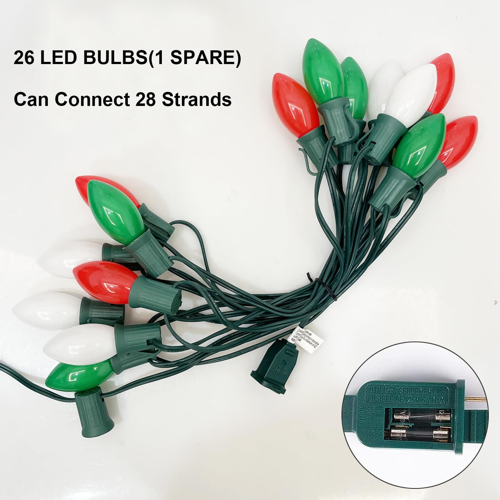 Sunsgne C9 Led Outdoor Vintage Christmas Lights, 25Ft Christmas Tree Lights With 26 0.6W Led Red Green White Lights(1 Spare) For