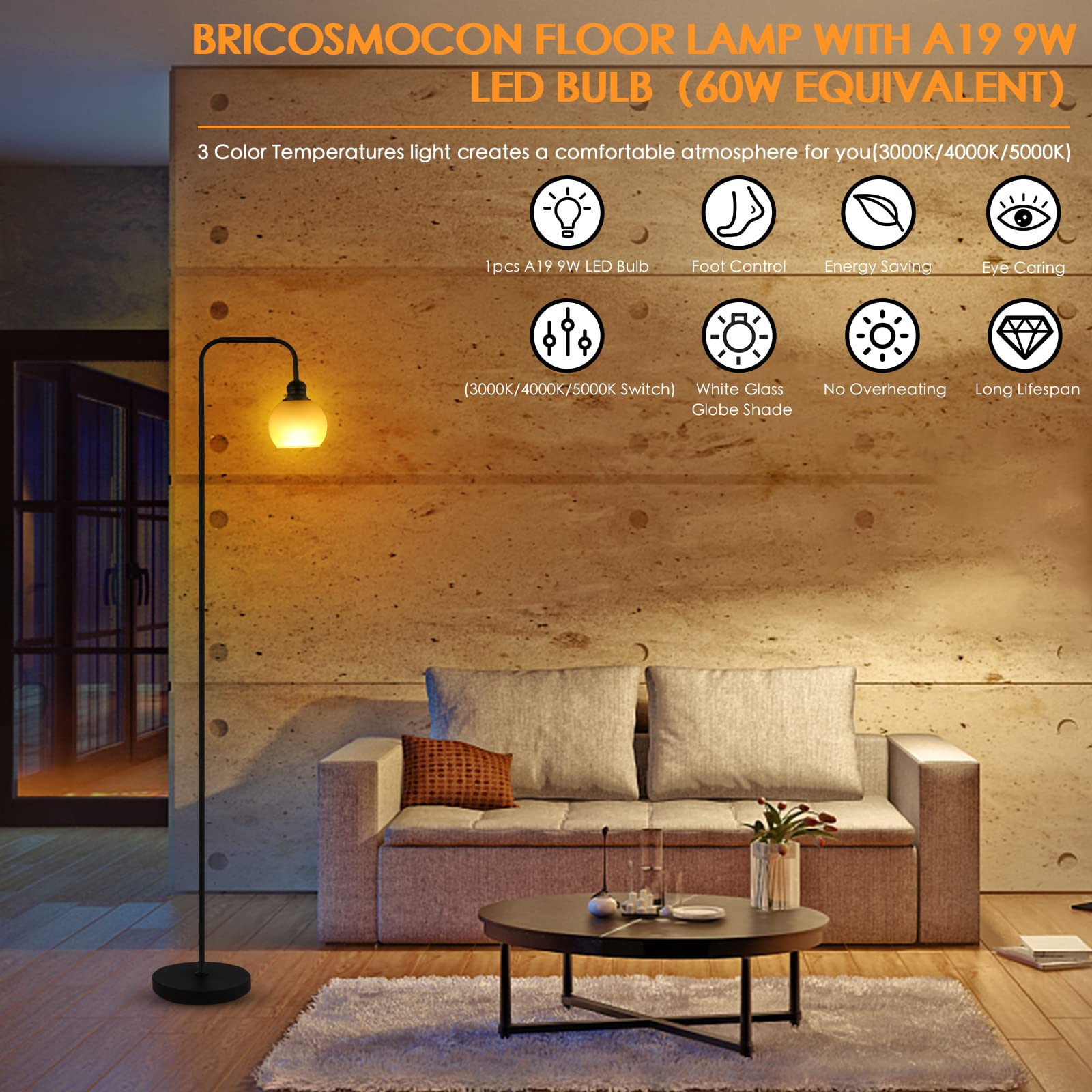 Modern Floor Lamp For Living Room With 3 Color Temperatures Led Bulb, Industrial Floor Lamps, Black Classic Reading Tall Lamp Fo