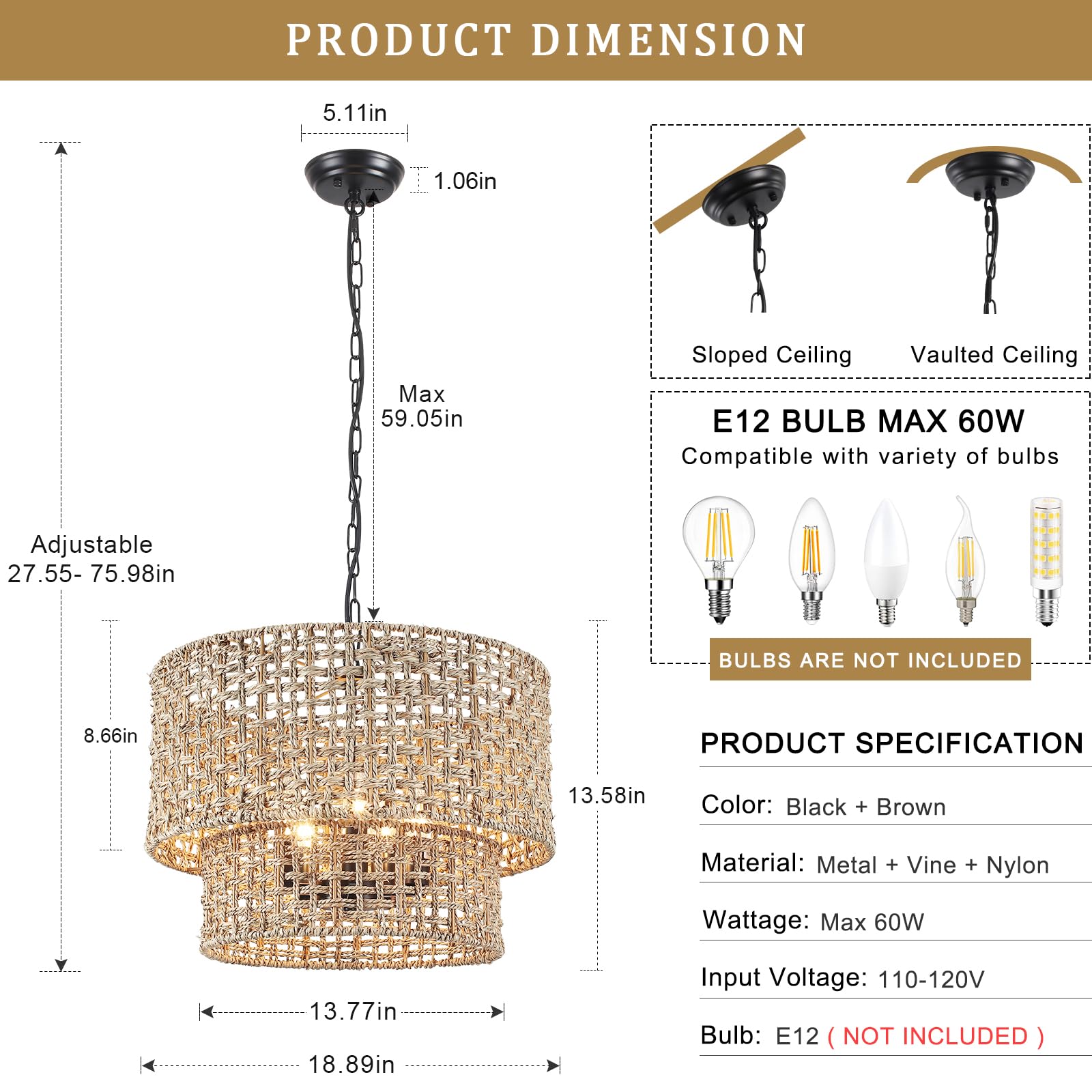 2 Tier Rattan Farmhouse Chandelier 5-Light Large Boho Wicker Pendant Light Fixtures Hanging Coastal Drum Lighting Hand Woven Cha
