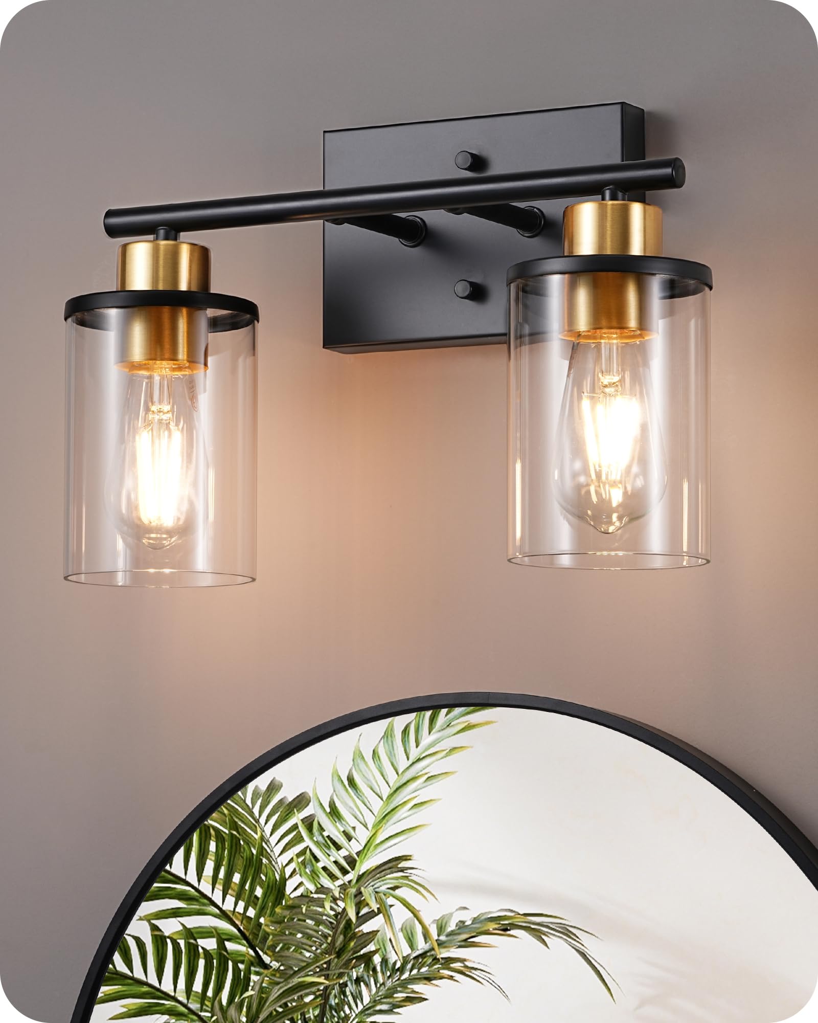 EDISHINE 2-Light Bathroom Vanity Light Fixture, Metal, Black and Gold, Model HHVL04J, Clear Glass Shade