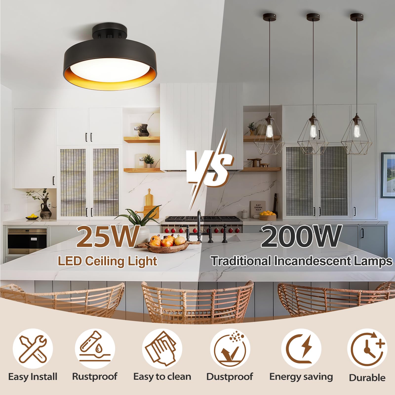 Sunrider Semi Flush Mount Ceiling Lights, 12 Inch 25W Led Ceiling Light Fixture Black For Hallway Kitchen, Gold Inside, 5000K Da