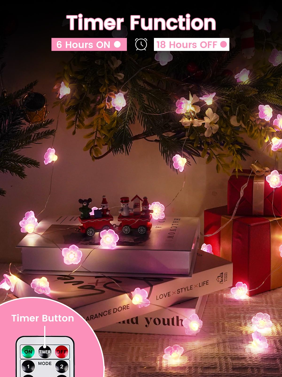 Cherry Blossom Flower String Lights For Bedroom, Pink Fairy Lights Battery Operated With Remote & 8 Modes & Timer, 10Ft 30 Led W