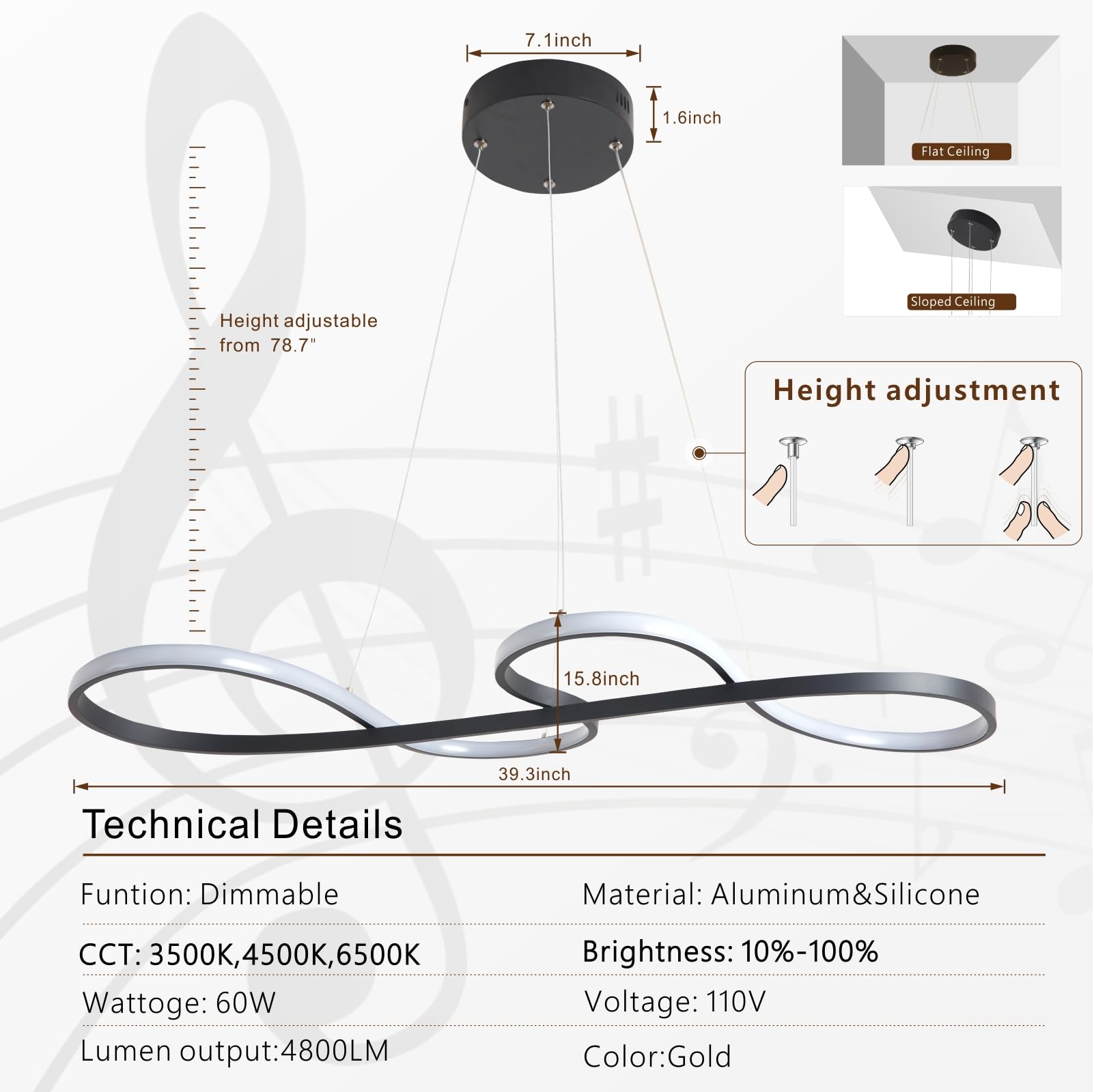 HiHiHomy Modern Dimmable Black LED Chandelier, 39.3in Height Adjustable Light Fixture for Dining Room, Remote Control, Model B0C26SH1MT