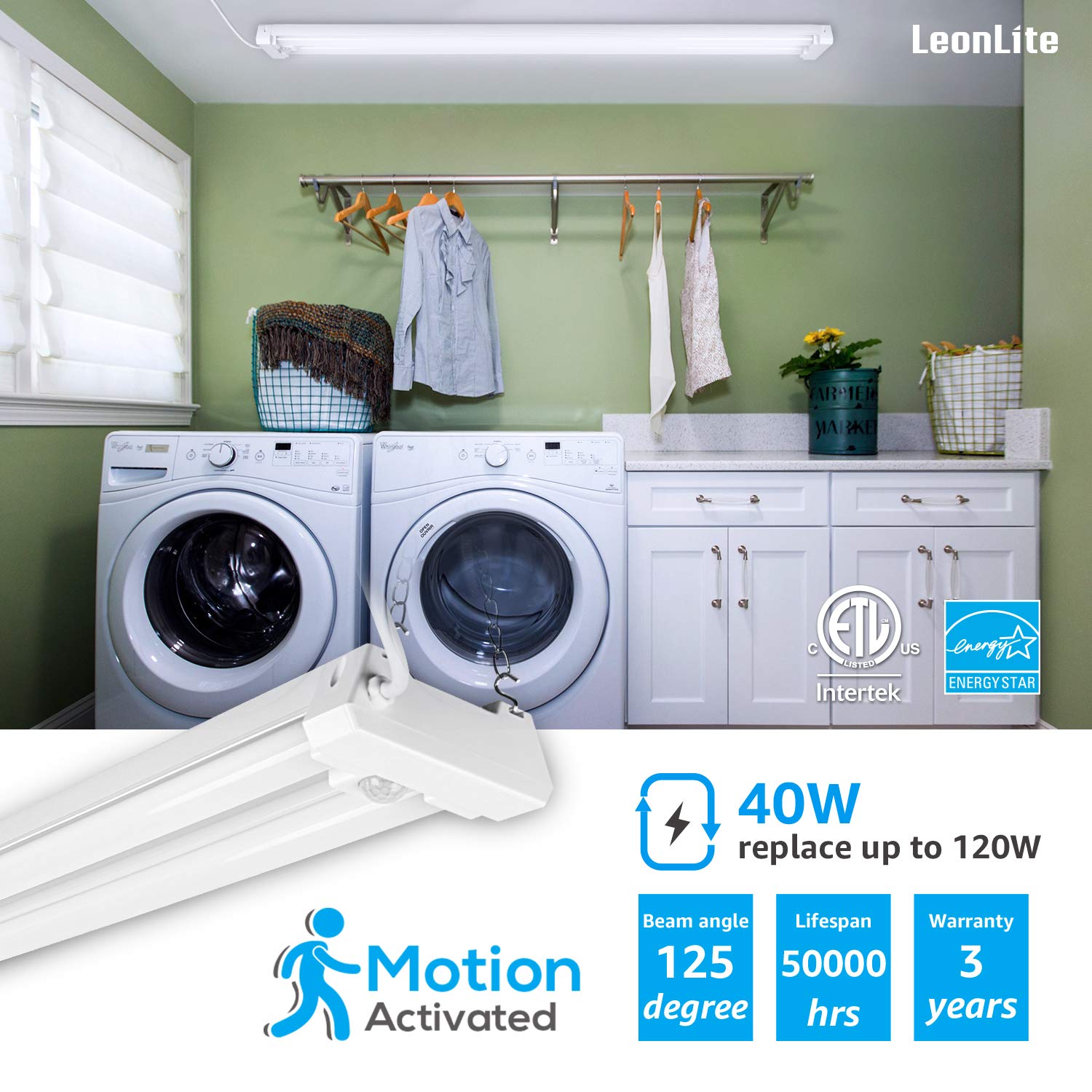 LEONLITE LED Shop Light 40W Motion Sensor Linkable 4FT 4000lm Daylight 5000K Metal Pack of 4