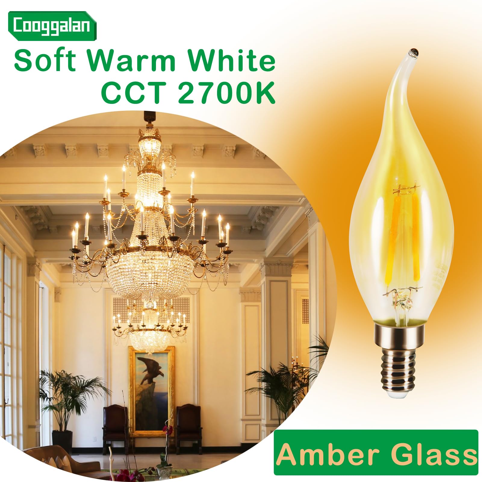 Cooggalan E12 Amber Candelabra Led Light Bulb Dimmable, 25 Watts Equivalent Flame Tip Chandelier Light Bulbs Ca11 2W, Filament D