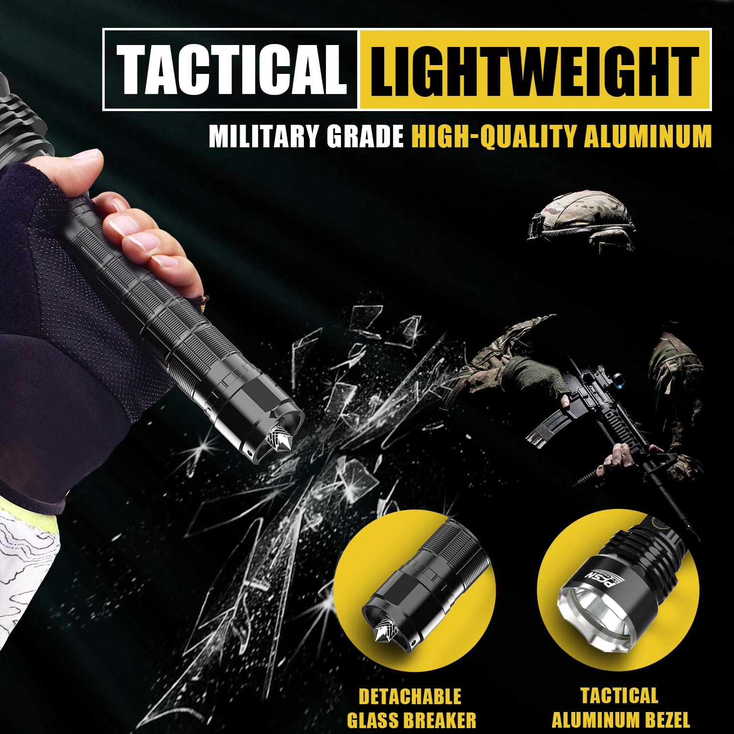 PFSN 6000LM Rechargeable Tactical Flashlight - IPX65 Waterproof, 400M Range, Anodized Aluminum, 20Hrs Long Lasting, Model FBA-TCP