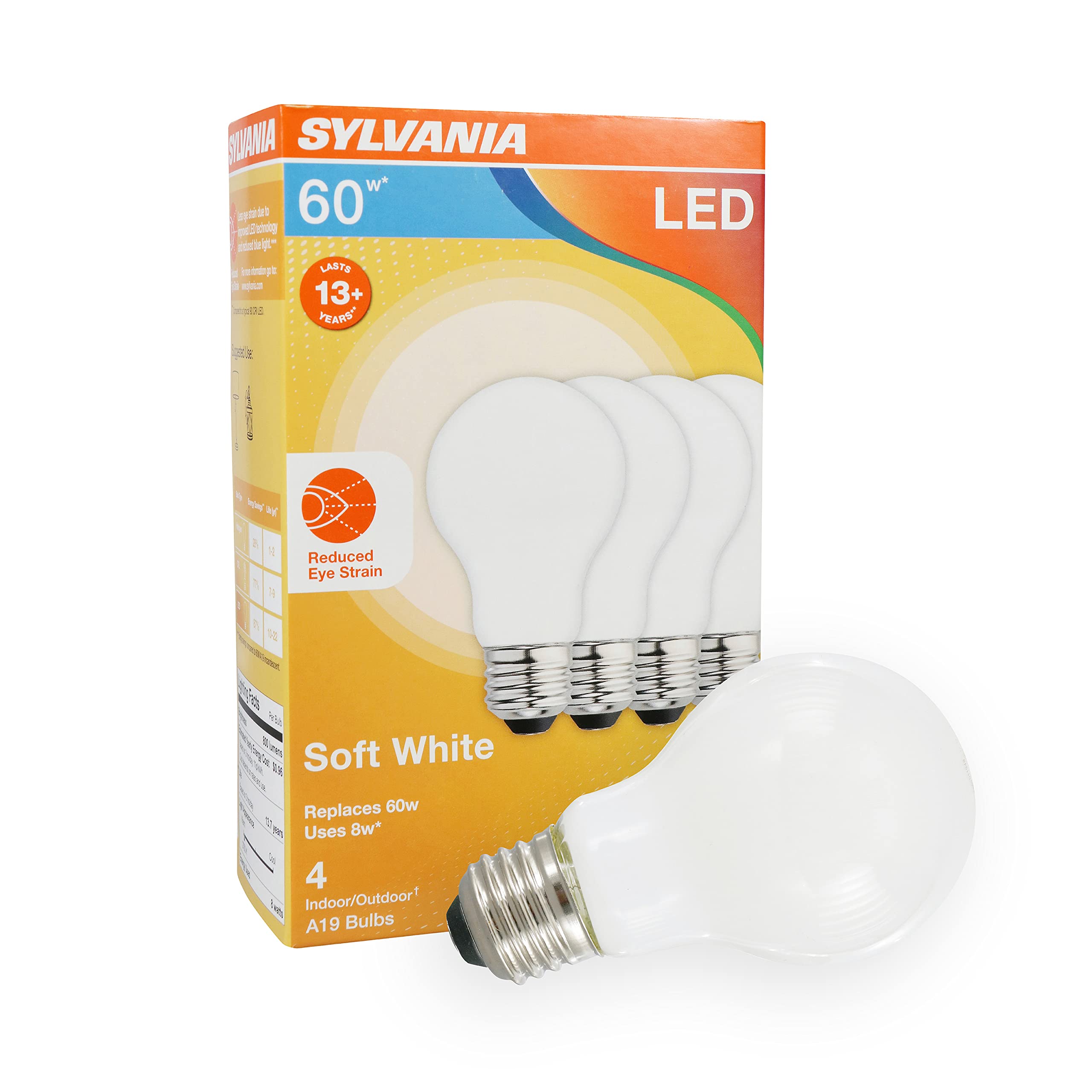 Sylvania Reduced Eye Strain A19 Led Light Bulb, 60W = 8W, 13 Year, Dimmable, Frosted, 2700K, Soft White - 4 Pk