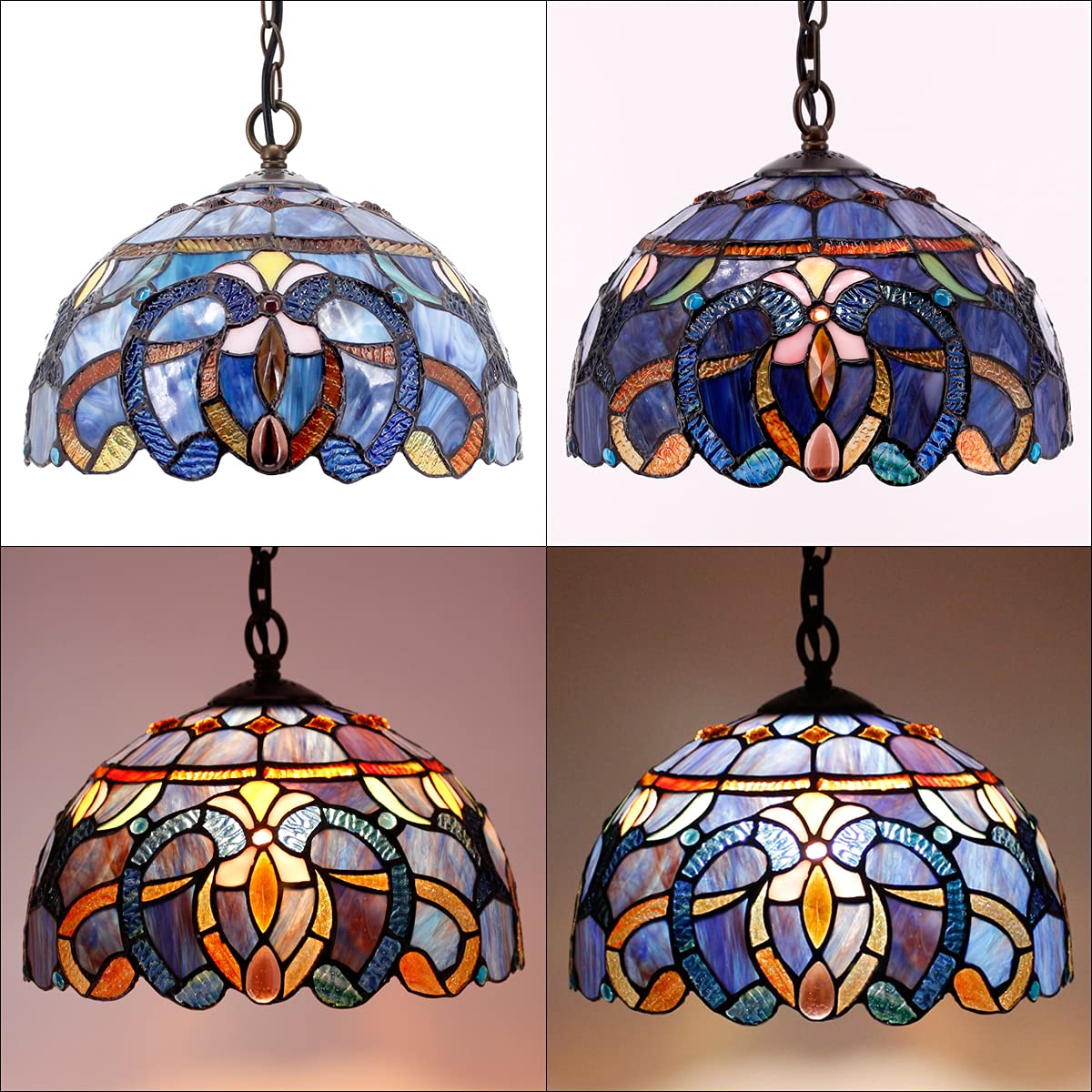 WERFACTORY Tiffany Pendant Light Fixture Stained Glass 12in Height 32in Wide Blue Purple Cloud S558 Series