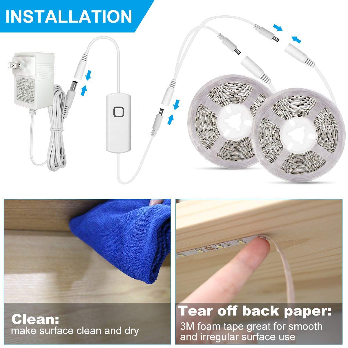 MYPLUS Under Cabinet Lighting Kit, 32.8FT Dimmable LED Strip Light, Warm White 3000K, Low Power Safety Adapter, Flexible Tape Light