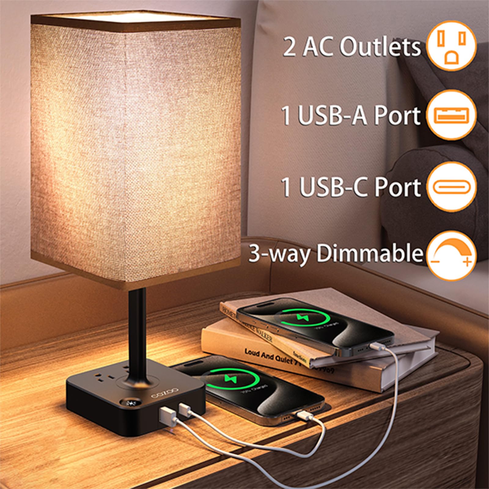 cozoo Bedroom Lamp - Touch Control Table Lamp with USB C & A Ports, 2 AC Outlets, Modern LED Light, Brown Fabric Shade, Model MC003C