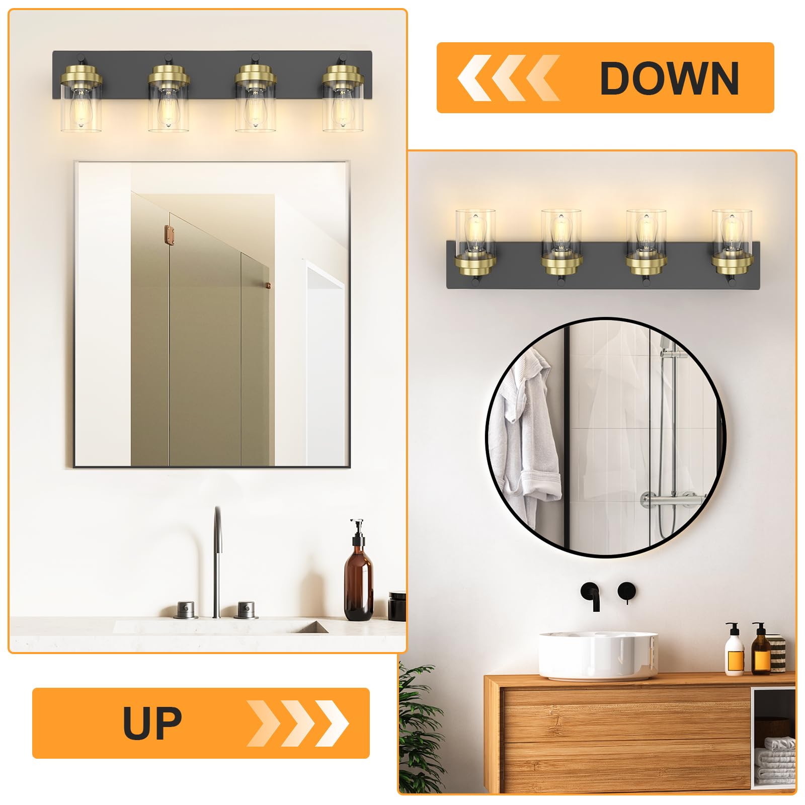 Izorro Bathroom Vanity Light Fixture  4-Light 27.5 Inch Black And Gold Bathroom Light Fixtures Over Mirror  With Clear Glass Shade  Modern Farmhouse Vanity Lights  Rustic Restroom Lighting Fixtures