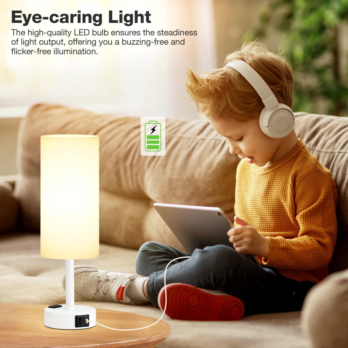 Fenmzee 14" Matte White Touch Control Bedside Table Lamp - 3-Way Dimmable, USB C Charging, LED Bulb Included