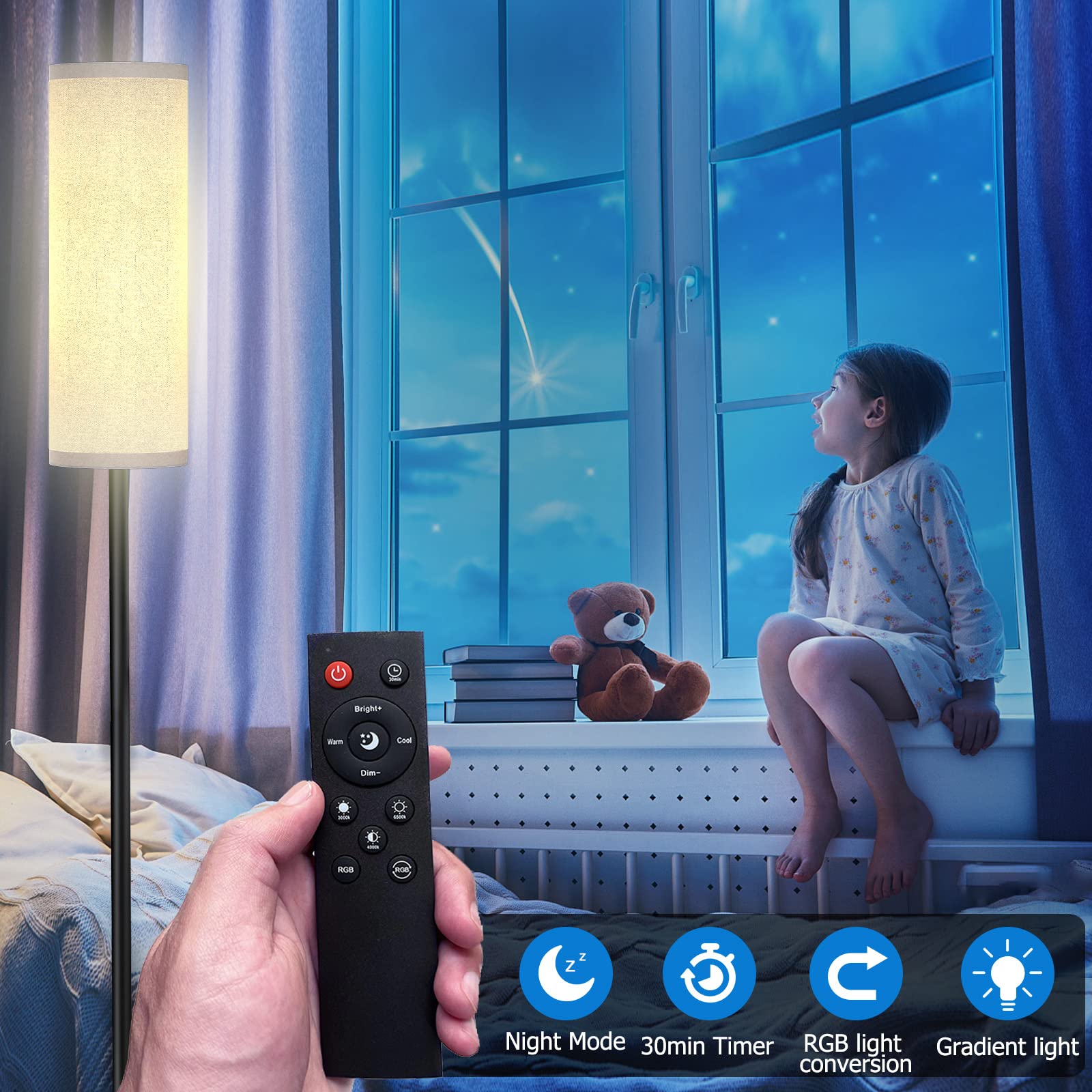 Qaubauyt Modern Led Floor Lamp With Remote, Dimmable Colors & Brightness, 9W Bulb, White