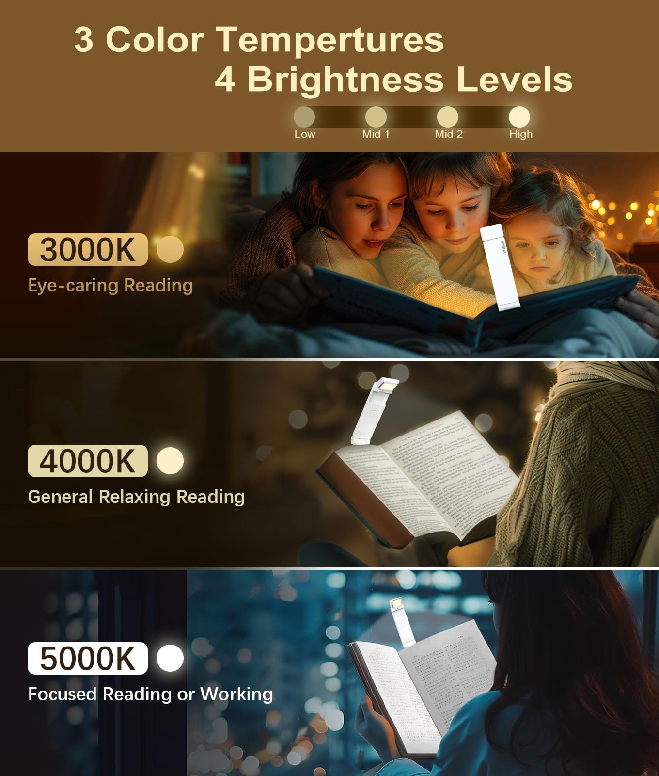 Vtiger Reading Light, Usb Rechargeable Book Light For Reading In Bed,Foldable Clip-On Led Booklight, 3 Amber Colors & 4 Brightne