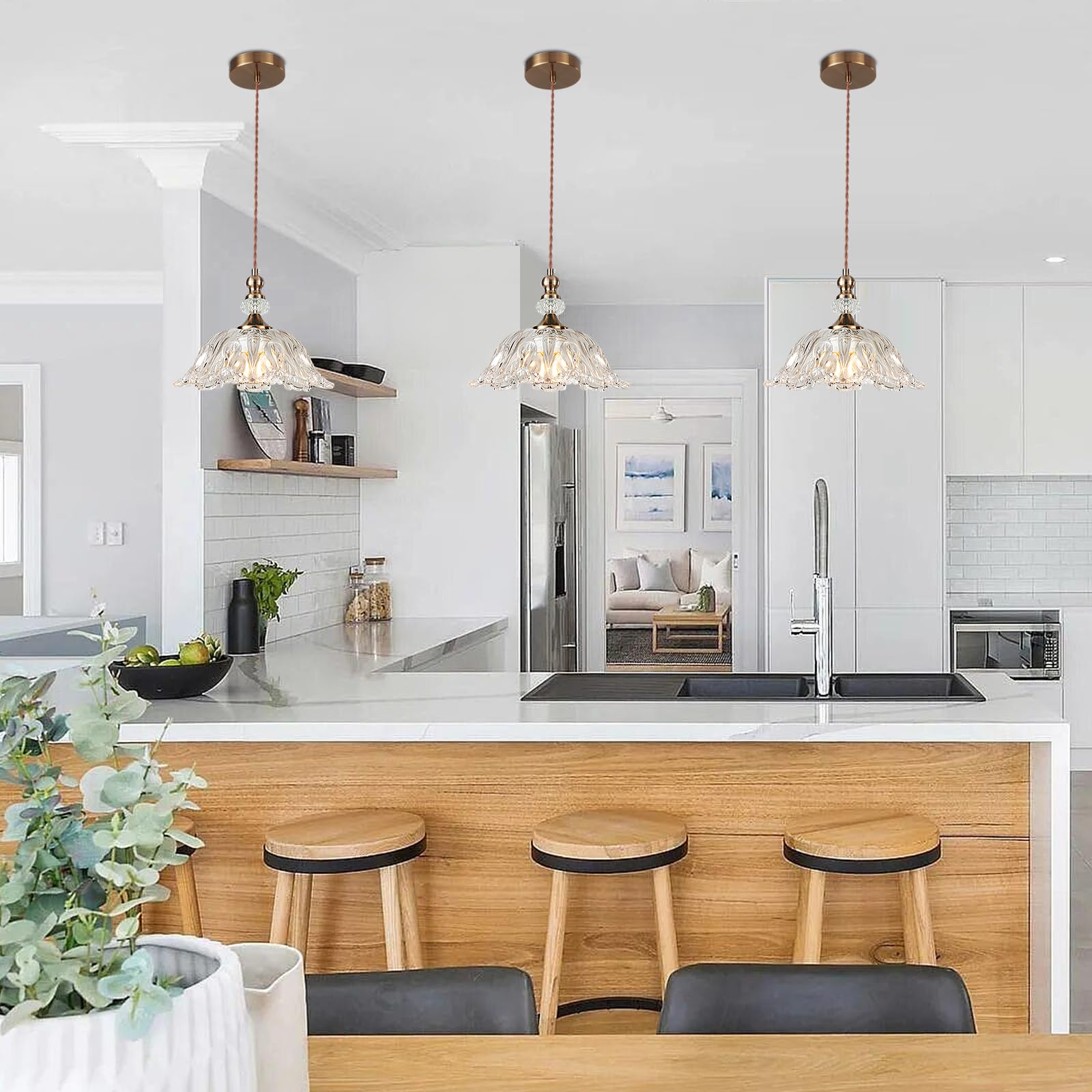 Cwarmozy Vintage Small Glass Pendant Light Fixtures For Kitchen Island 10.6'' Farmhouse Brass Gold Adjustable Hanging Ceiling Li