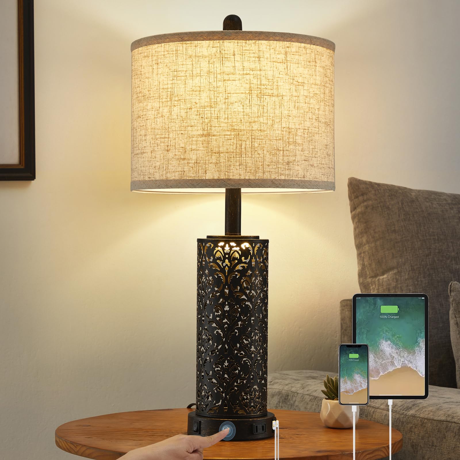 SAIWEYA 26 Farmhouse Table Lamp Dual Light 3-Way Dimmable Touch Control  2 USB Ports + AC Outlet Rustic Bedside Lamp for Living Room Bedroom and Nightstand with Nightlight (Black-1 Pack)
