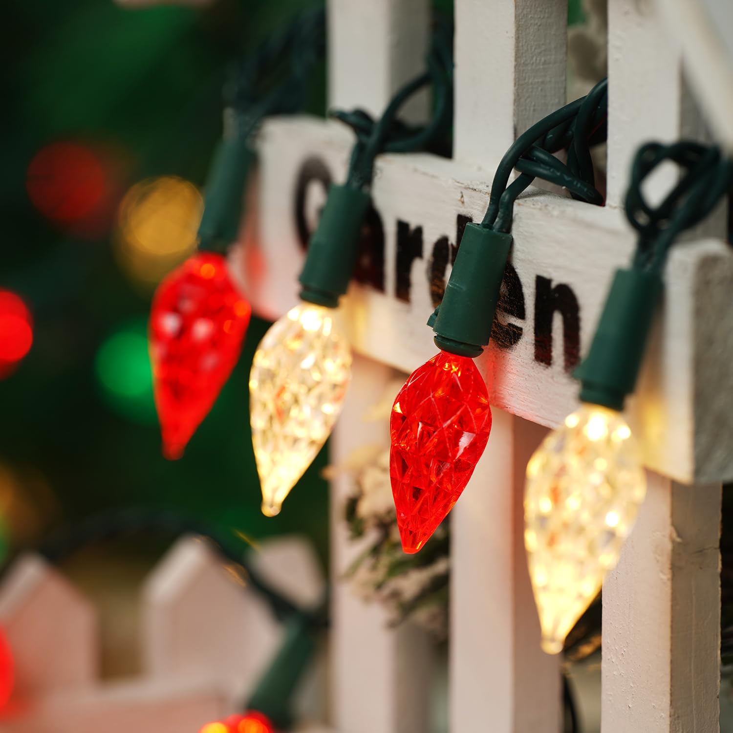 BOHON LED Christmas Lights Outdoor, 50 Faceted C6 Bulbs, 25ft, Waterproof, Green Wire, Red and Warm White, Model BH-KLC6D50L