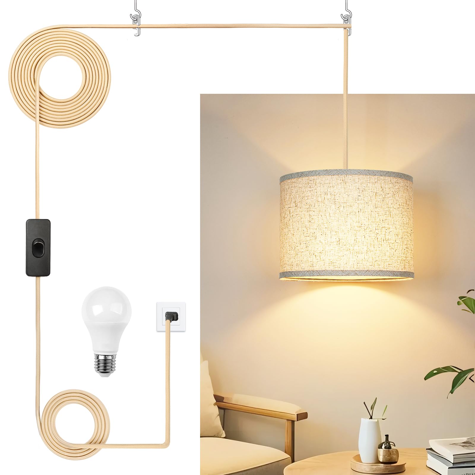 Plug in Pendant Light  Hanging Lamp with Plug in Cord  Rustic Farmhouse Hanging Lights with 3-Way Dimmable Bulb  Pendant Lights Fixtures for Kitchen Dining Room Bedroom Entryway  (Beige Shade)