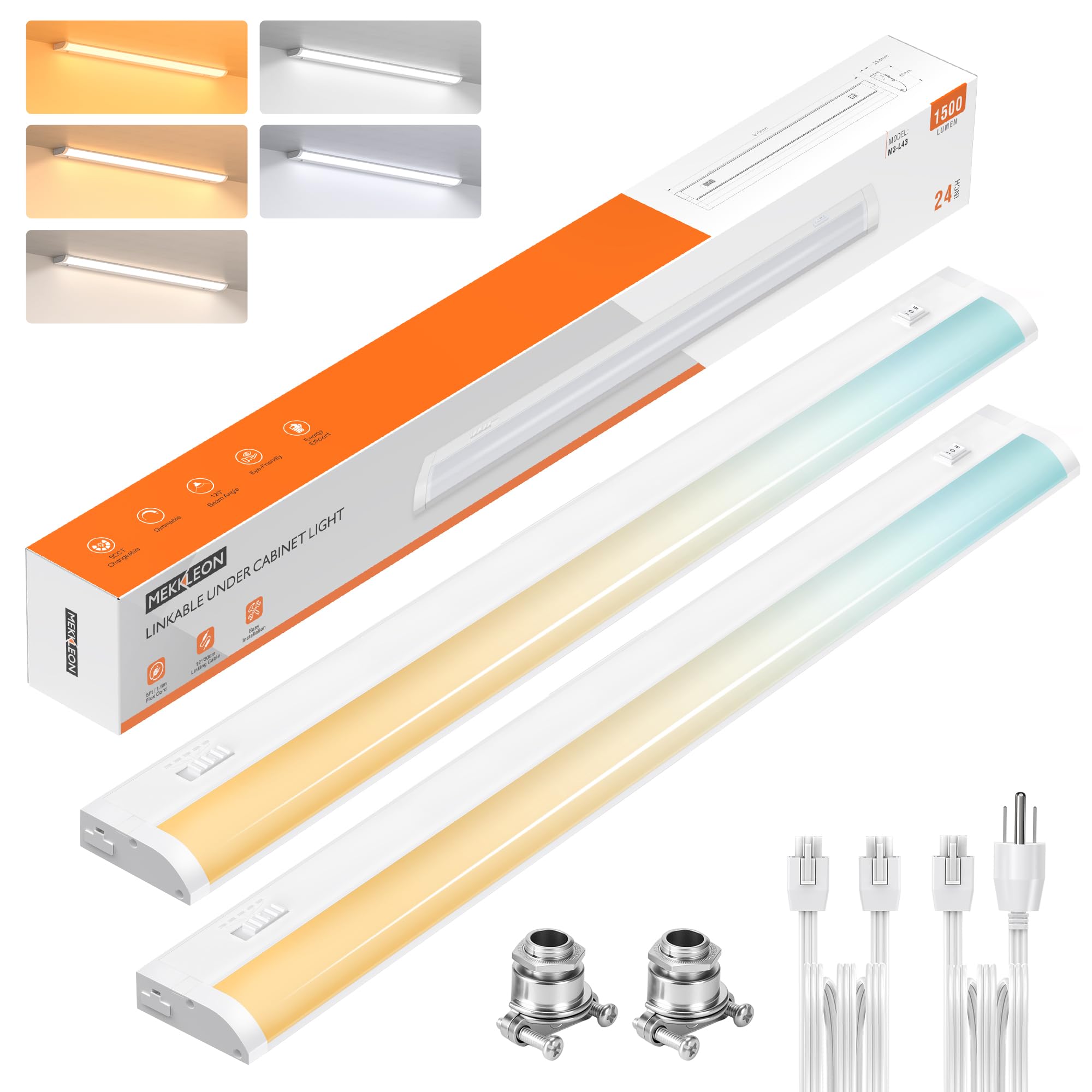 24inch Linkable Under Cabinet Lighting Hardwired Plug-in  Wired led Under Cabinet Lights with 5 CCT (2700/3000/3500/4000/5000) & Dimmable  Under Counter Lights for Kitchen  15W  1500LM  2 Pack
