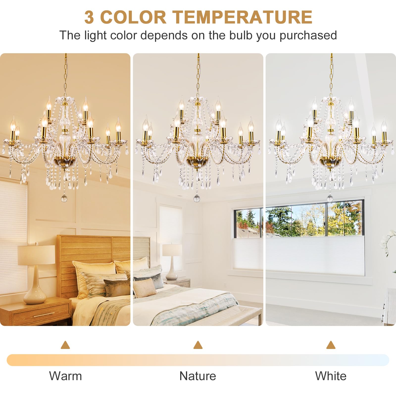 Baotree Modern Elegant 10 Lights K9 Crystal Glass Chandelier Golden Pendant Ceiling Lighting European Style For Dining Living Ro