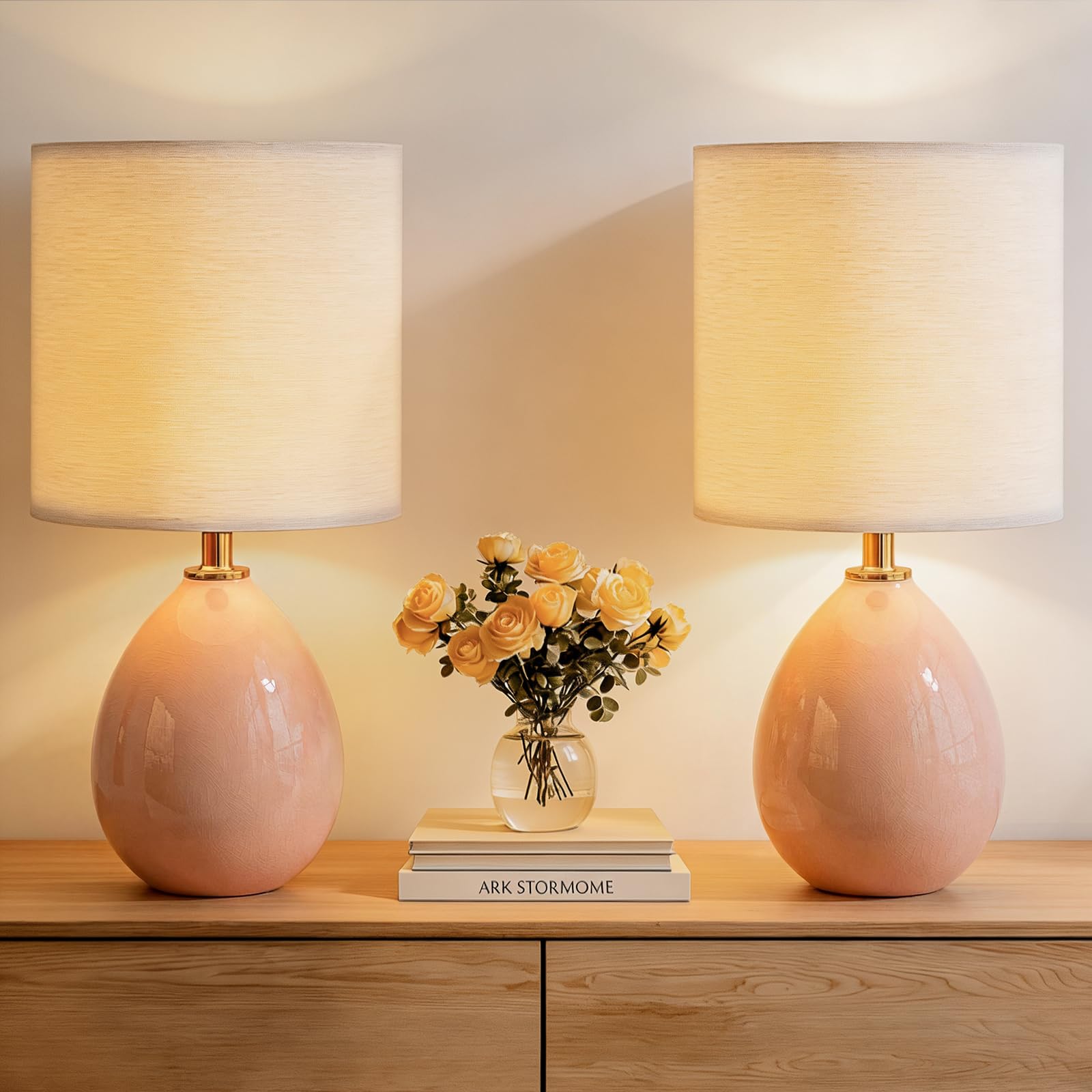 Dawnwake 18.5 Table Lamps Set of 2 for Living Room Bedroom  Bedside Lamps for Night Stands  Desk Nightstand Lamp Dimmable  Modern Linen Ceramic Lamps Pink