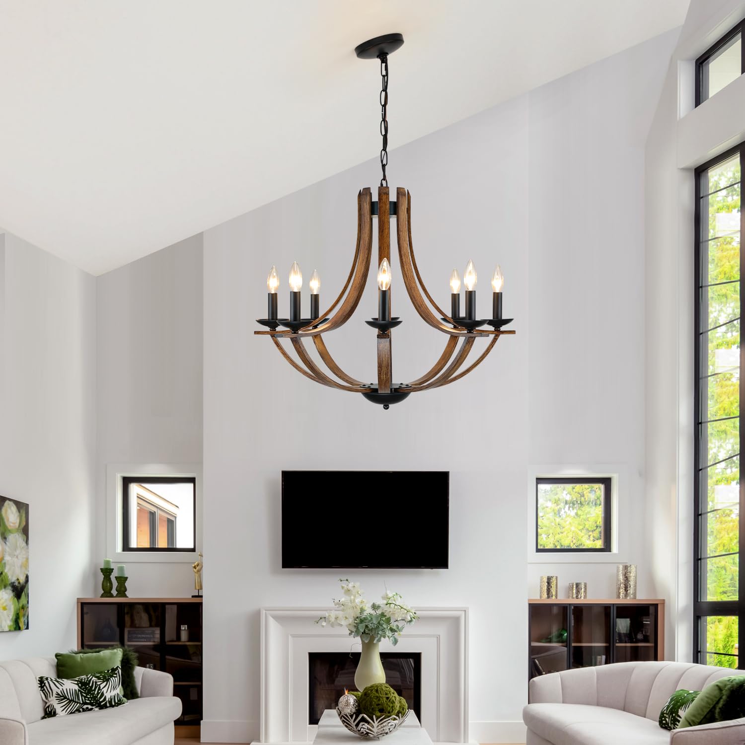 LAMPKEDUO Rustic 8-Light Chandelier Fixture, 28" Adjustable, Black & Faux Walnut, Model D9901-8 for Dining Room, Kitchen, Foyer