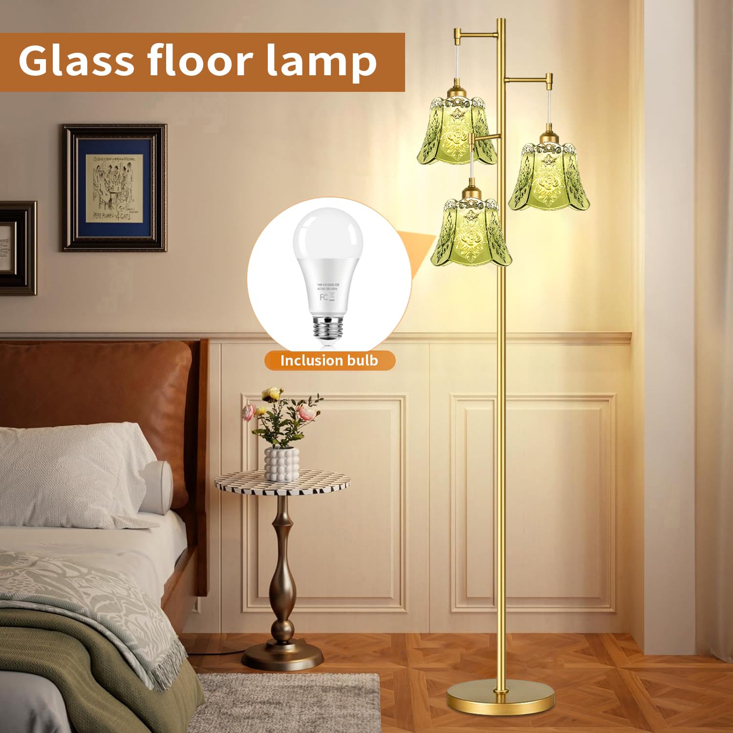 ILLMTW Glass Floor Lamp, 3 Light Brass Tree Design, Gold, Tall 4-Floor Lamp, Vintage Retro Style with Green Flower Shade
