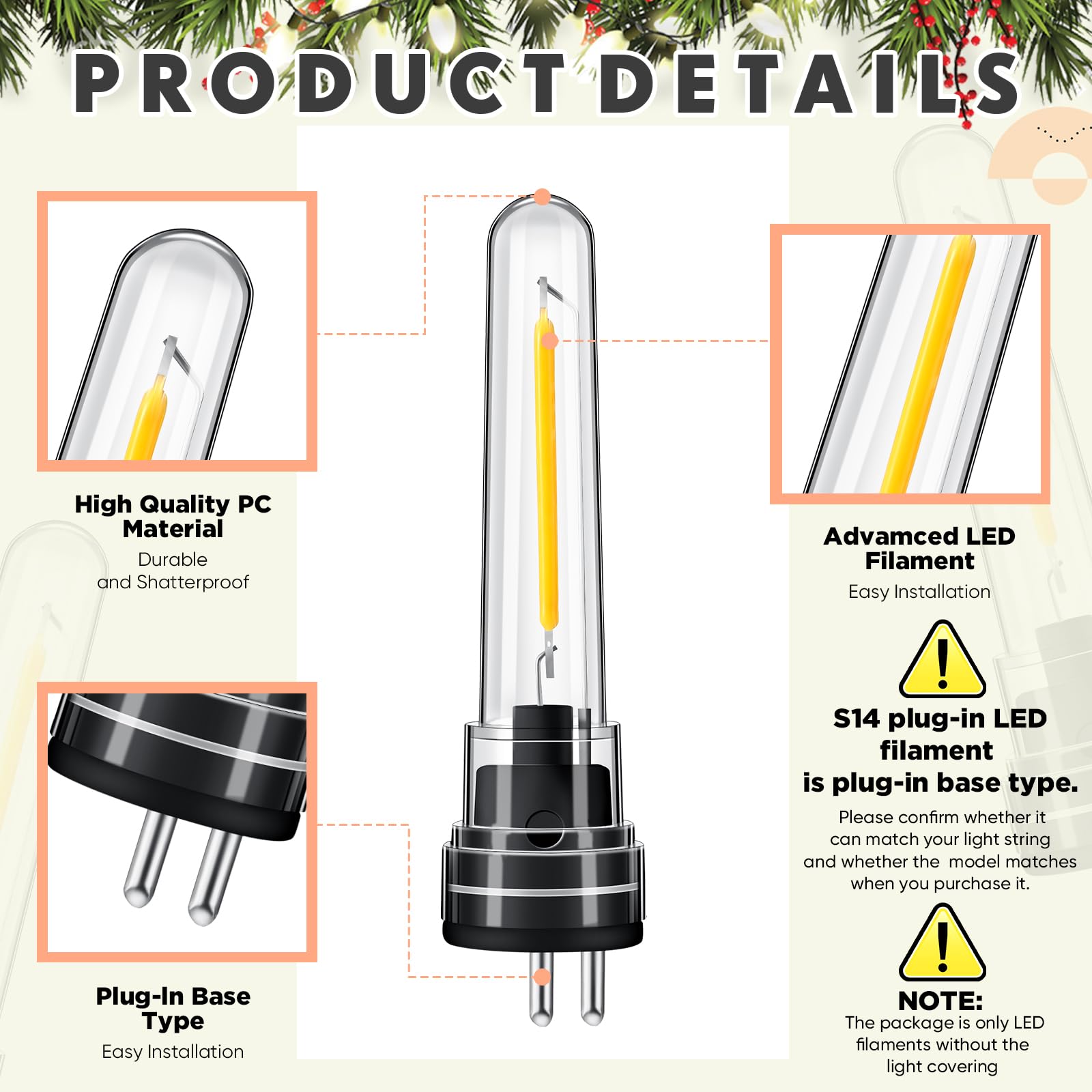 Rossesay S14 LED String Light Bulbs, 12 Pcs, 1.5W, 2700K Warm White, Waterproof, Black, Model XUU-Rossesay-