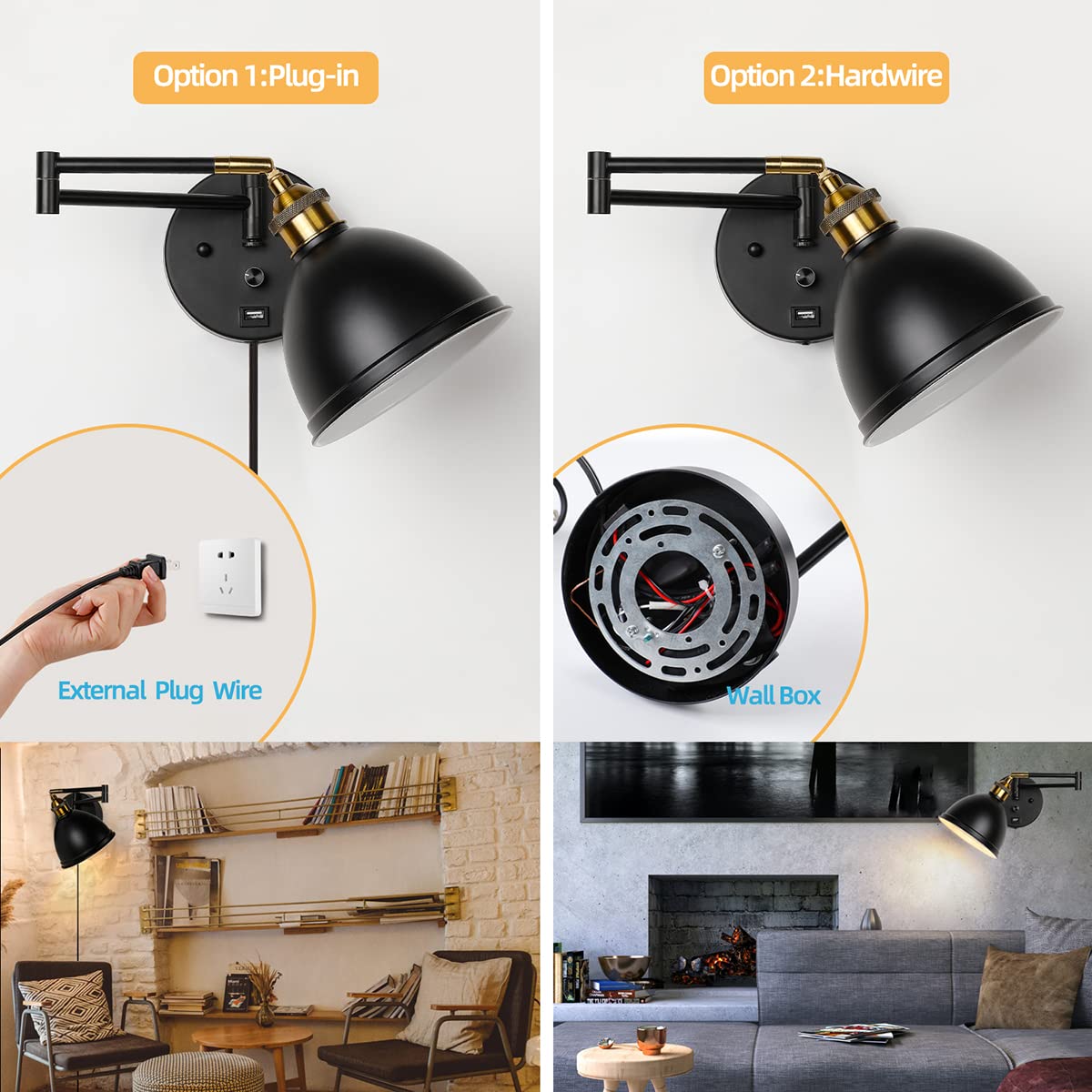 Swing Arm Wall Sconces, Plug-In Wall Lamp,Bedroom Wall Lamp , White Fabric Shade,,With Dimmable Switch And Usb Charging Port, Su