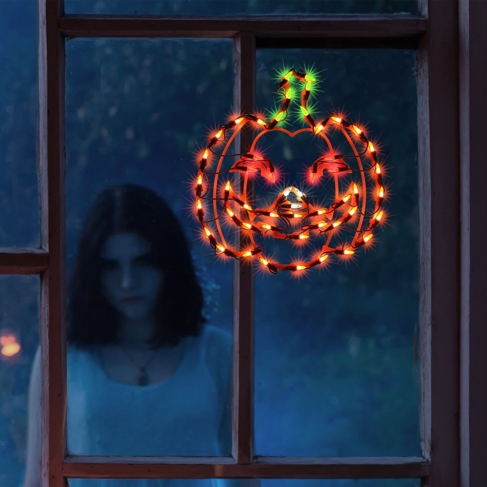 Justpro 13.3" Lighted Jack-O-Lantern Halloween Window Silhouette Decoration,Halloween Lighted Window Decoration,Hanging Light Up Holiday Ornament( Pumpkin Light)