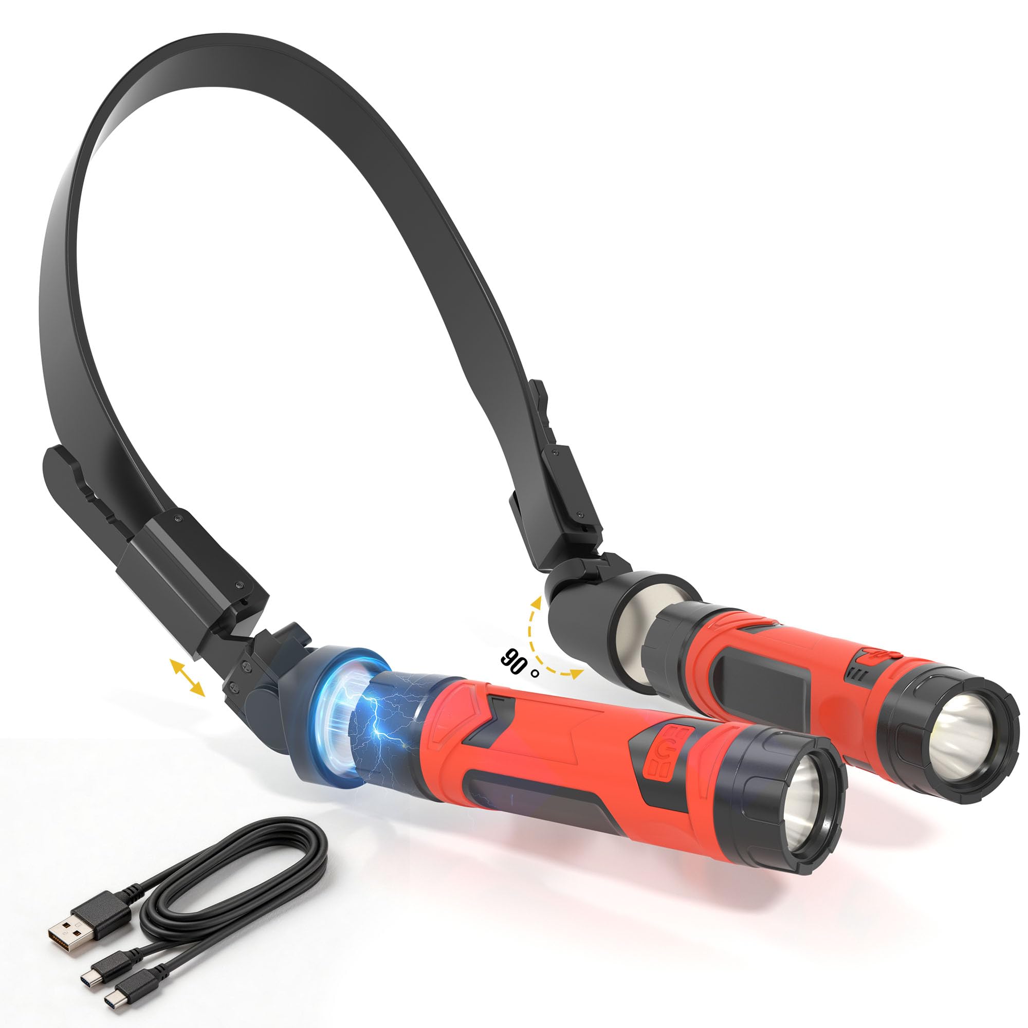 CLAKAP LED Neck Light, 800Lumens Rechargeable Neck Flashlight with Magnetic Base, Detachable Neck Work Light with 2 Small Flashl