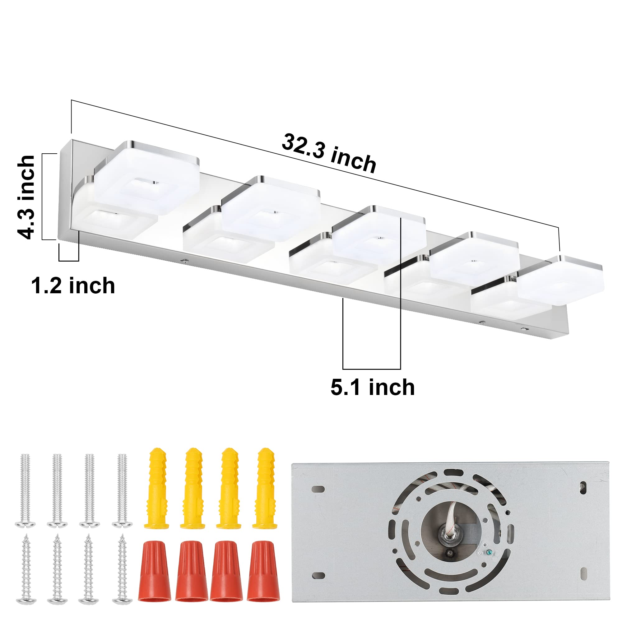 Goodate Chrome Dimmable Led Bathroom Vanity Light 5 Lights, Adjustable 3000K/4000K/6000K