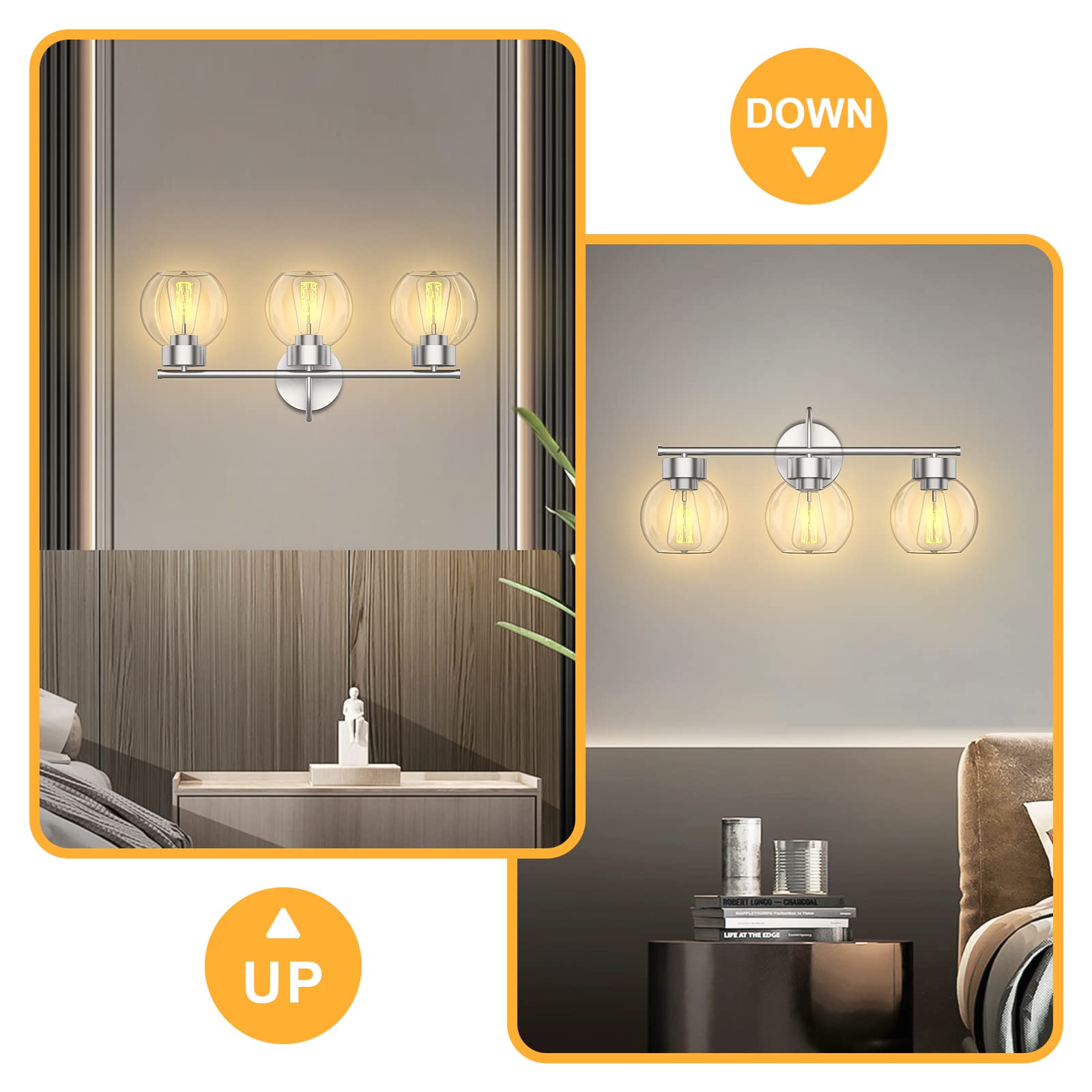EAPUDUN 3 Light Bathroom Vanity Light, Brushed Nickel, Aluminum, Clear Glass Shade, Model WLA1435-BNK