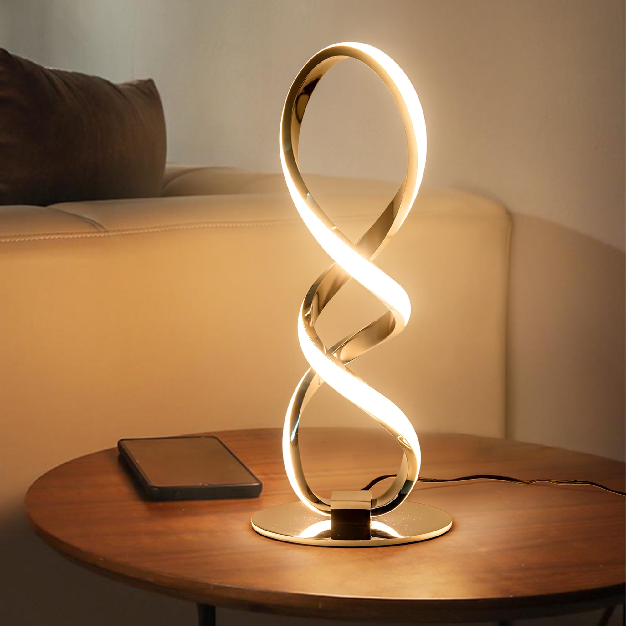 Adebime LED Spiral Bedside Table Lamp, Stepless Dimmable 12W, 3000K Warm White, Modern Nightstand Lamp, Sliver