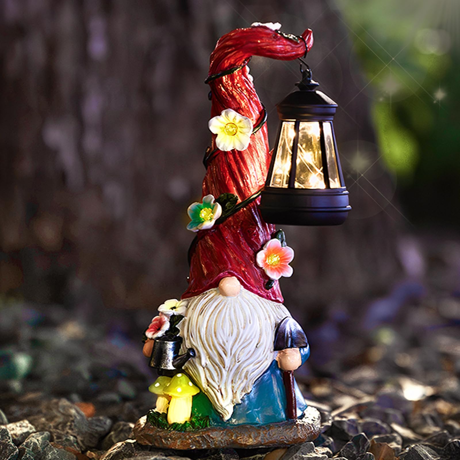 TIJNN Solar Garden Gnome Statue with Lantern, 12in Resinous Dwarf Gardener Decor, Gnome Gardener Model TIJDX-001