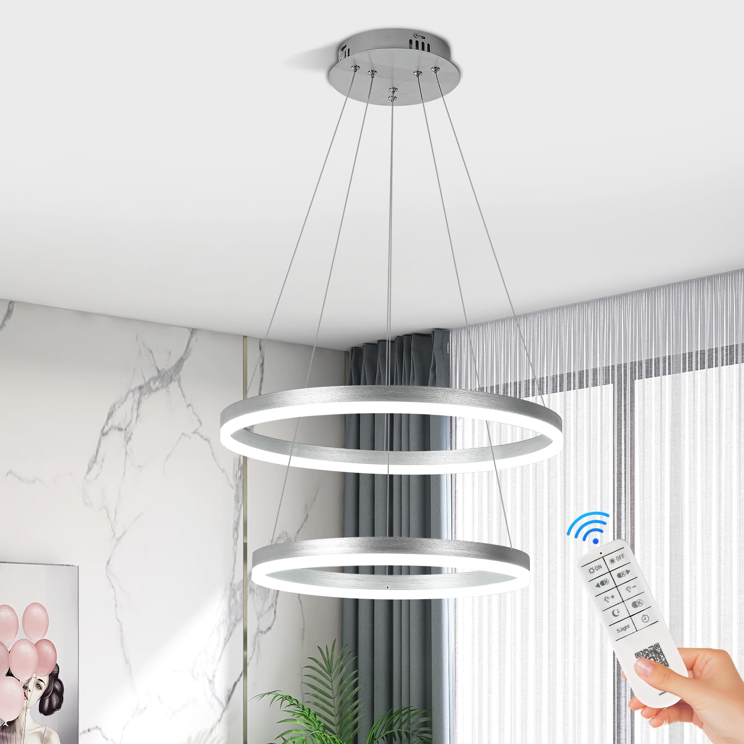 Xgzl · Lighting 2-Rings Modern Led Chandelier Silver For Dining Room, Dimmable Pendant Lighting With Remote Control Circular Flush Mount High Ceiling Light For Bedroom Living Room Foyer, 3000K-6500K