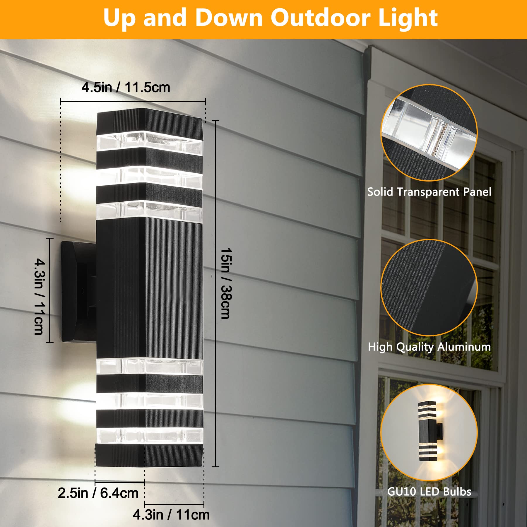 Tewei 4 Pack Outdoor Wall Lights, Modern Waterproof Aluminum Up/Down Porch Fixtures, Black