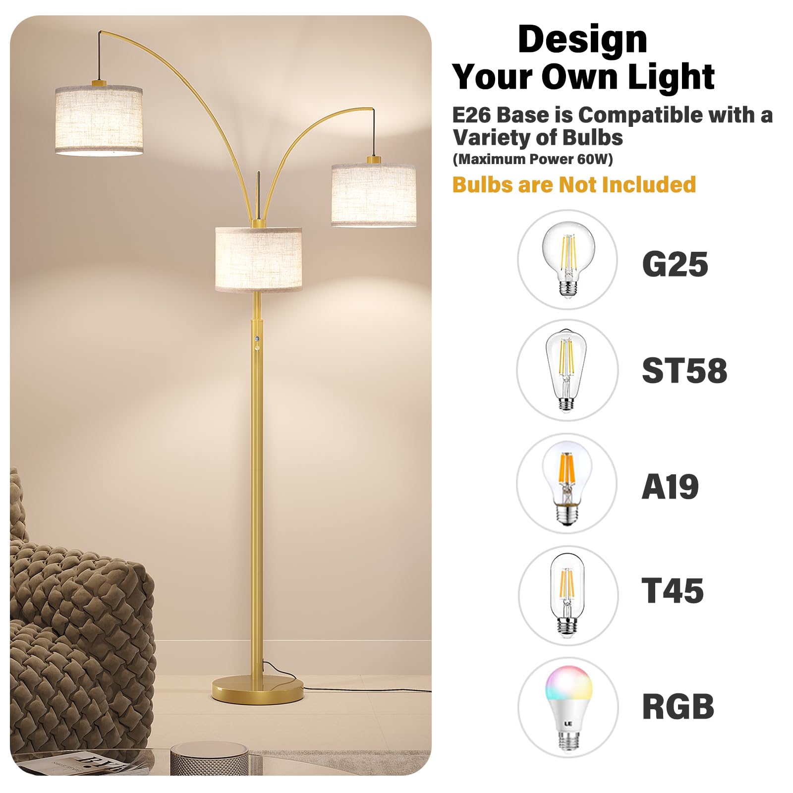 Sunmory 3 Lights Floor Lamp For Living Room, 78'' Tall Standing Lamp With Hanging Drum Shade, Modern Arc Floor Lamps With Heavy