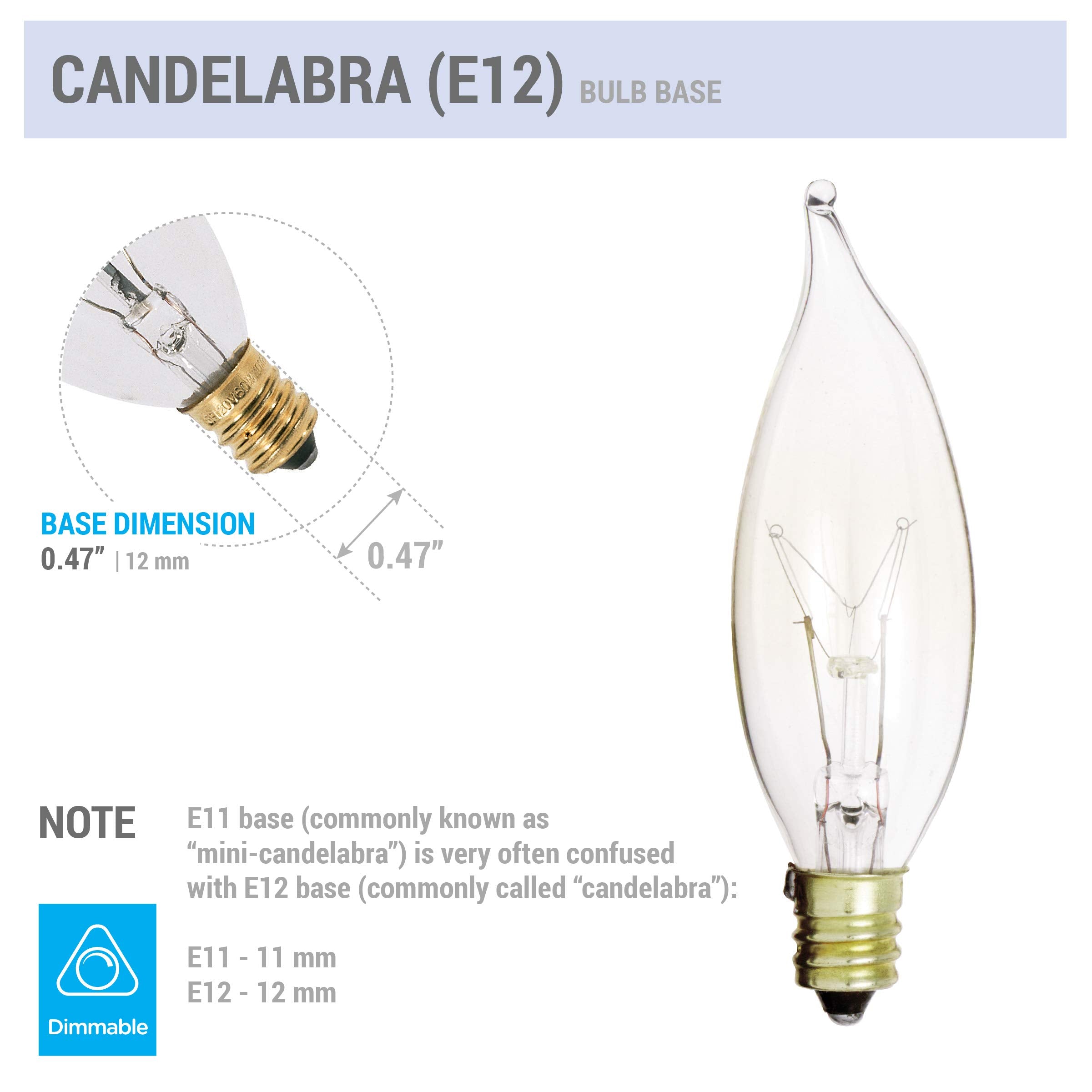 Kor (Pack Of 12) 25-Watt Clear Candelabra Base (E12) Flame Tip 120V Decorative Dimmable 25W Chandelier Lights Bulbs