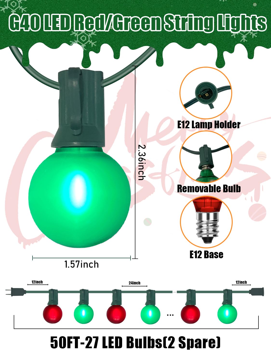 50Ft G40 Vintage Outdoor Christmas Lights - 27 Led Frosted Red-Green Globe Strings (2 Spare), For Patio, Balcony, Roofline, Hous