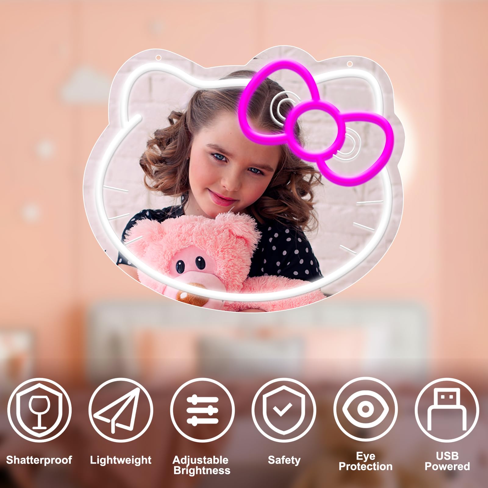 YASIZESOU Hello Kit Vanity Mirror with Neon Sign, 14inx11.8in, Pink Bow, Adjustable Brightness, USB Powered, Model HKDP02