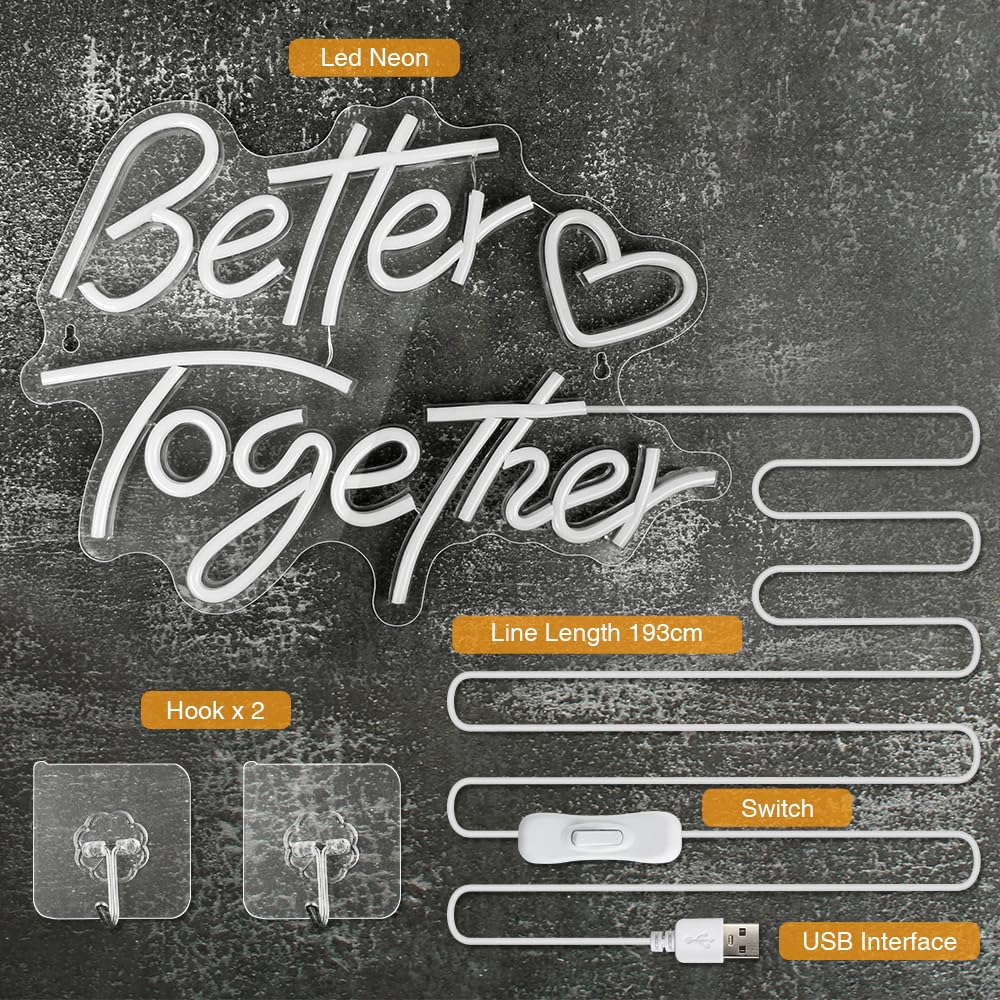 Arrinew Led Neon Sign - Better Together Warm White Acrylic Wall Decor, Model Nhd06, Usb Powered For Parties & Holidays
