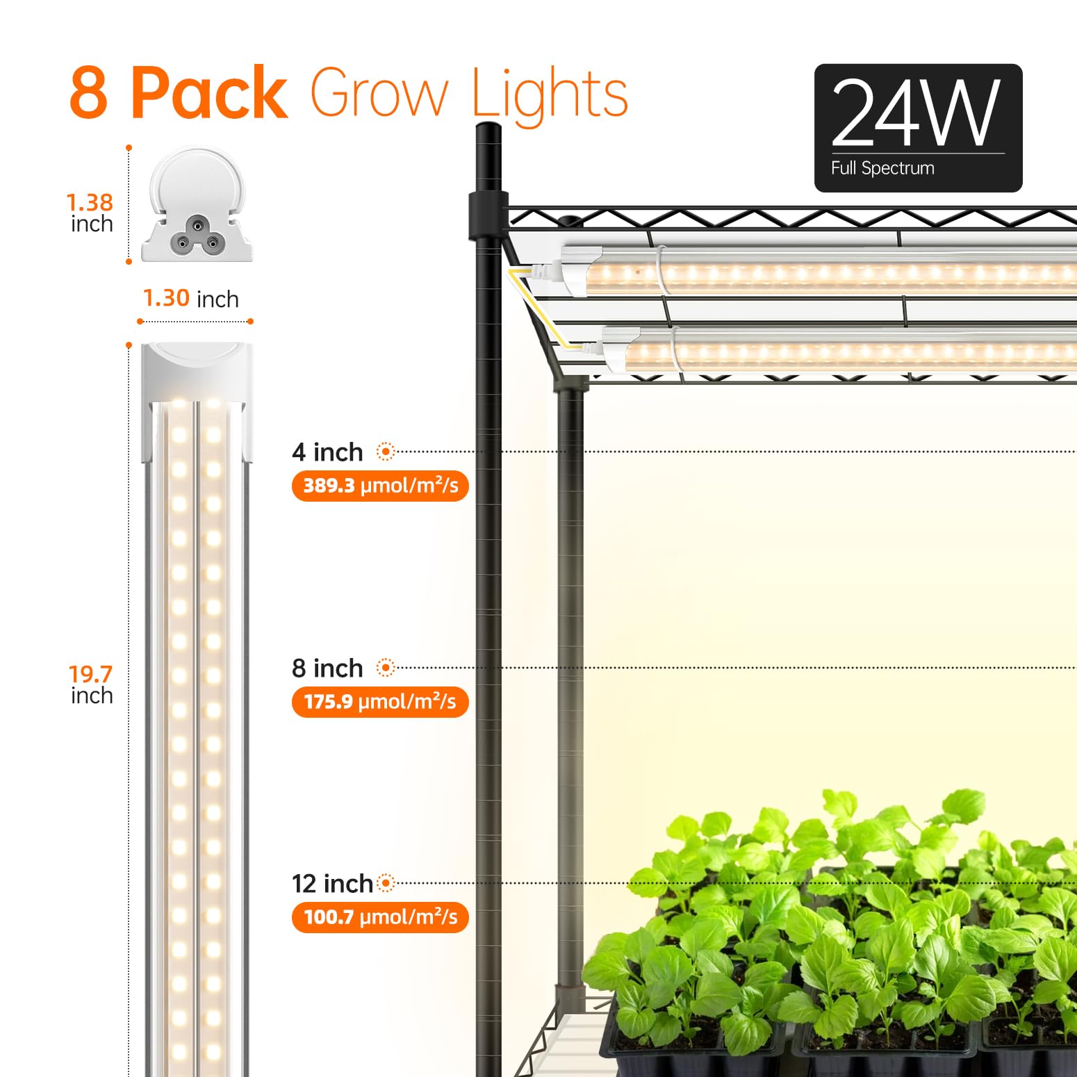 Bstrip DIY Plant Shelf with Grow Lights and EVA Greenhouse Cover, Plant Stand with Adjustable Rack and Wheels, 8-Pack 192W T8 30