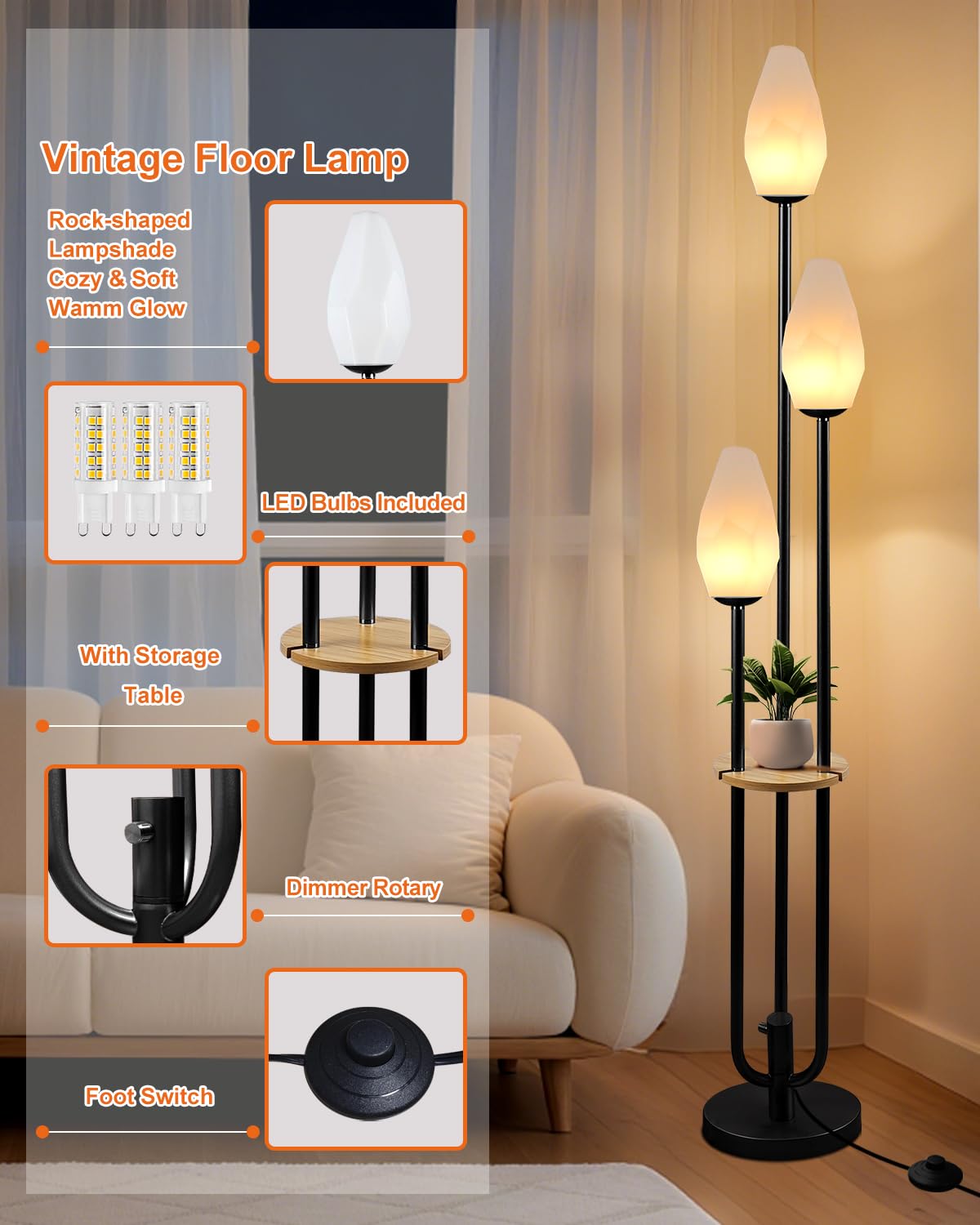 Lightdot Dimmable Floor Lamp with Table, 63in, Metal, Oval-Black, 3-Lights, Model LFLL