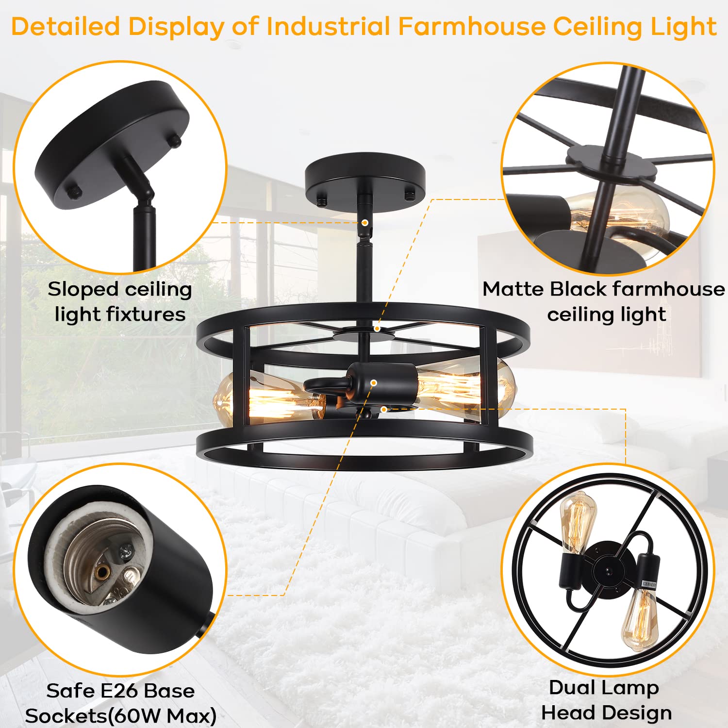 Heircido Industrial Black Semi Flush Mount Ceiling Light,Farmhouse Kitchen Lighting,2 Light Metal Ceiling Light Fixture,Sloped C