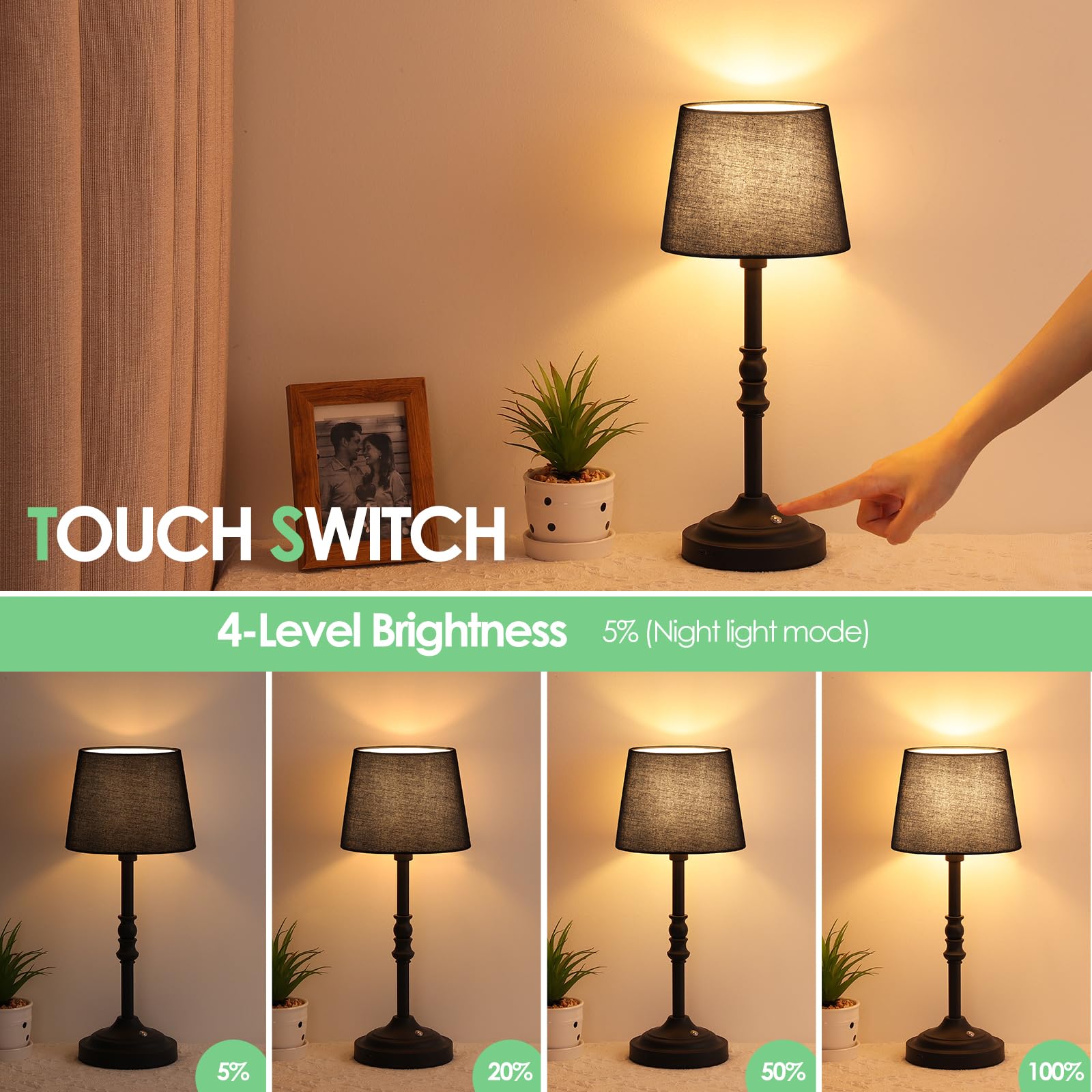 Ggoying Set Of 2 Rechargeable Cordless Led Table Lamps, 4-Level Dimmer, Black Portable Desk Lamps With Black Fabric Shades, Nigh