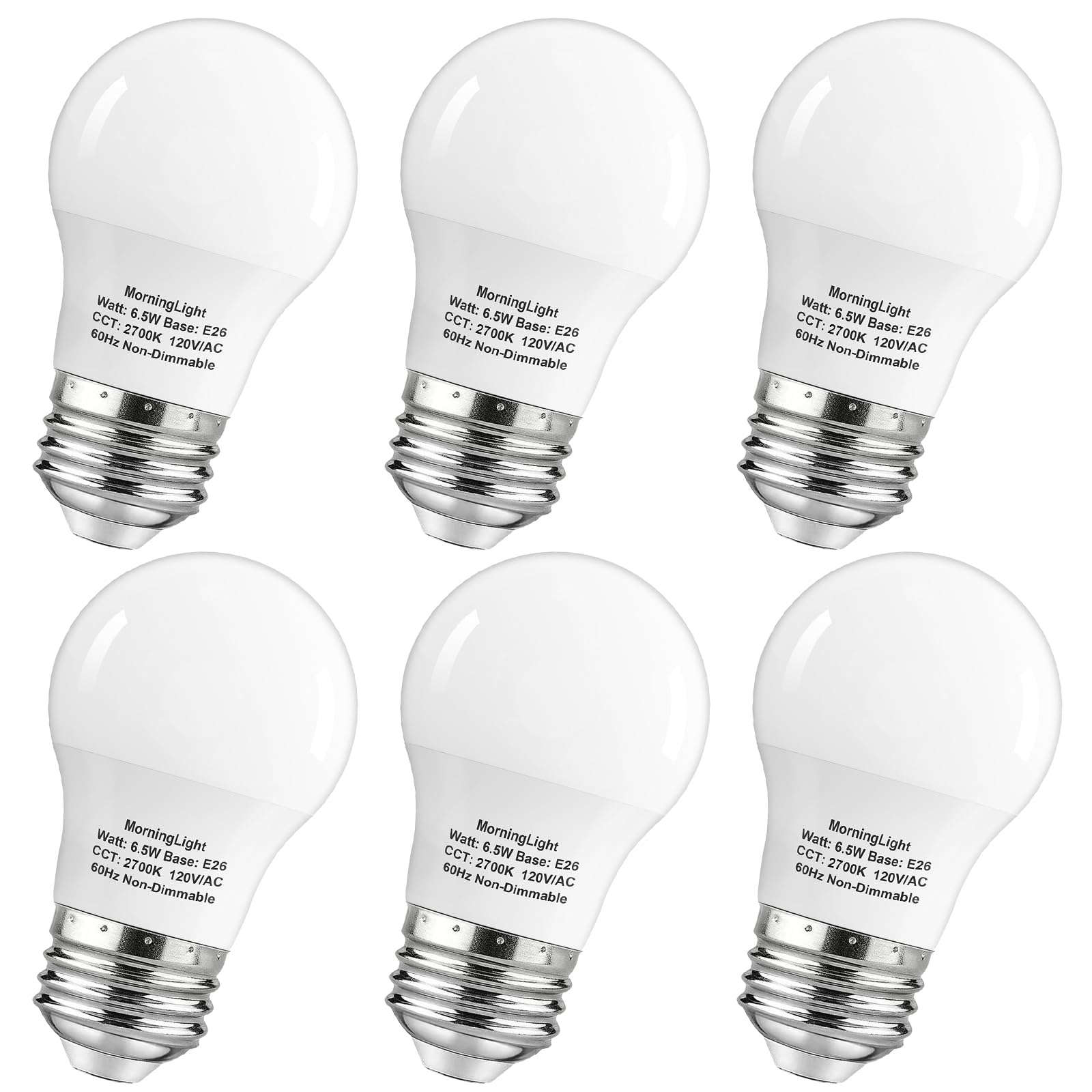Morninglight 6 Pack A15 Led Bulbs 60 Watt Equivalent, 2700K Warm White, E26 Base, Non-Dimmable, 6.5W 600 Lumens Bulb, A15 6.5W L