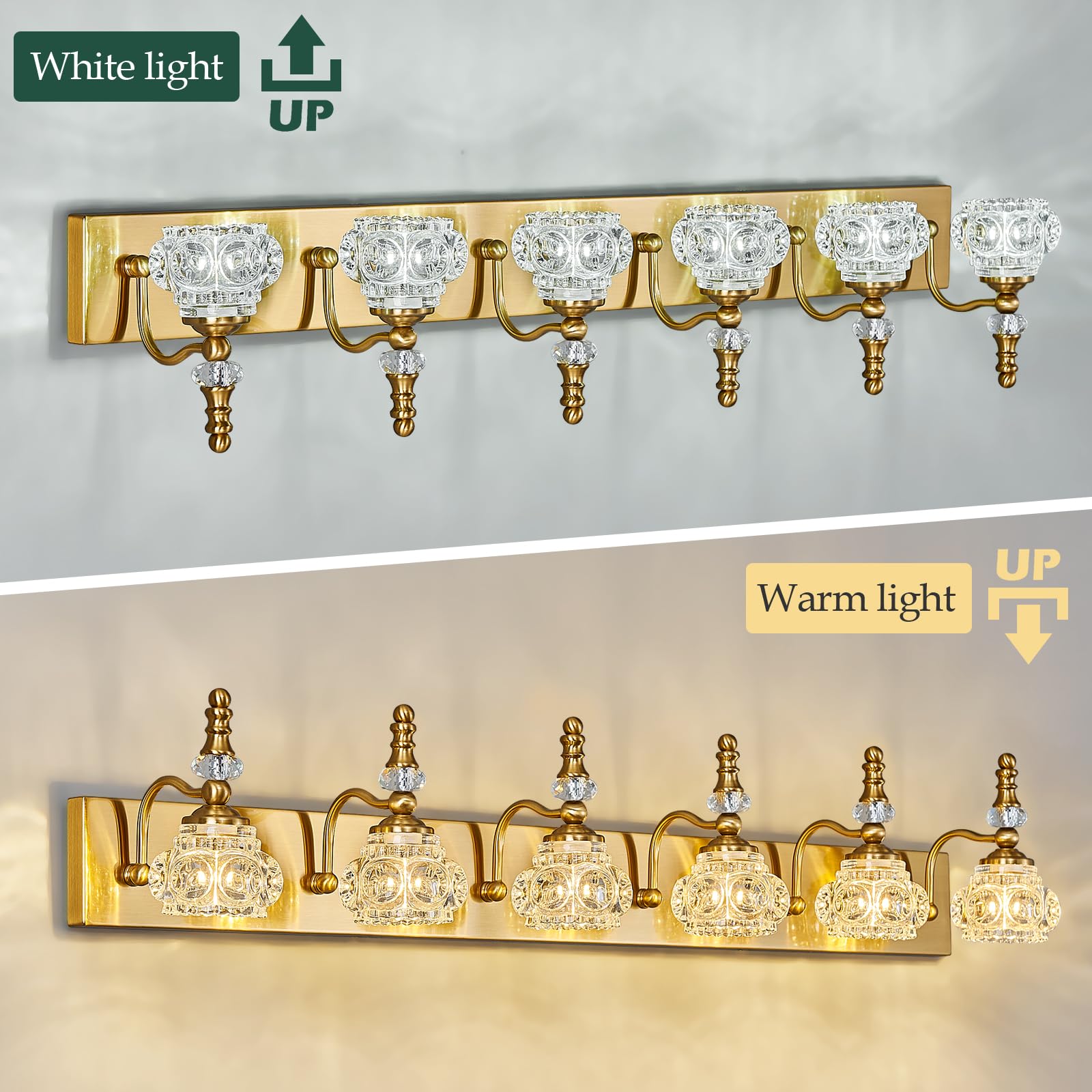 Lbsqj Modern Glass Crystal Vanity Light - Vintage Bathroom Lighting Fixtures Over Mirror 6 Light Vanity Lights G9 Bulb (43.3 Inch  Gold)
