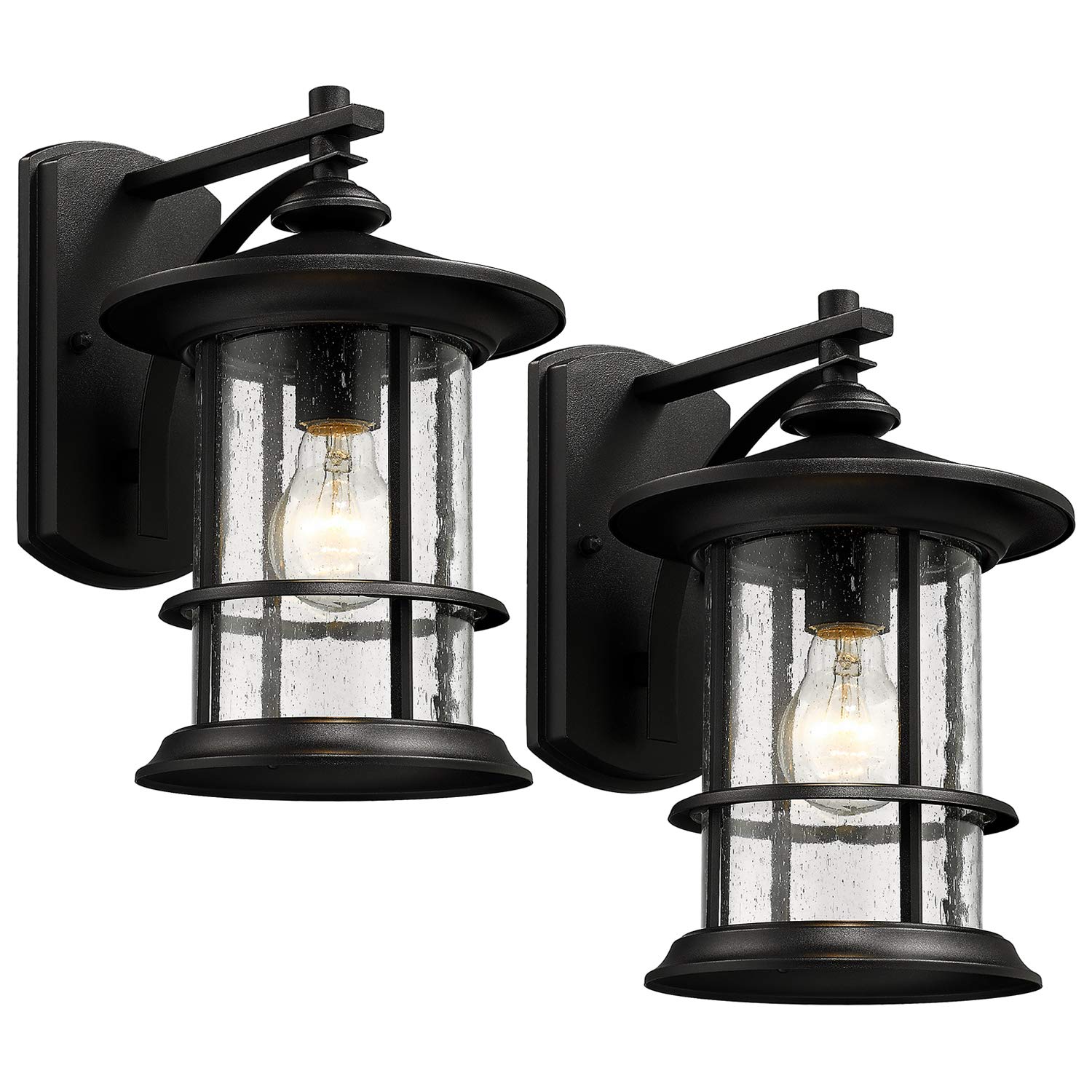 Micsiu Textured Black Outdoor Wall Light 2 Pack, Clear Seedy Glass, H12.5, Metal Lantern For Porch, Patio, Backyard