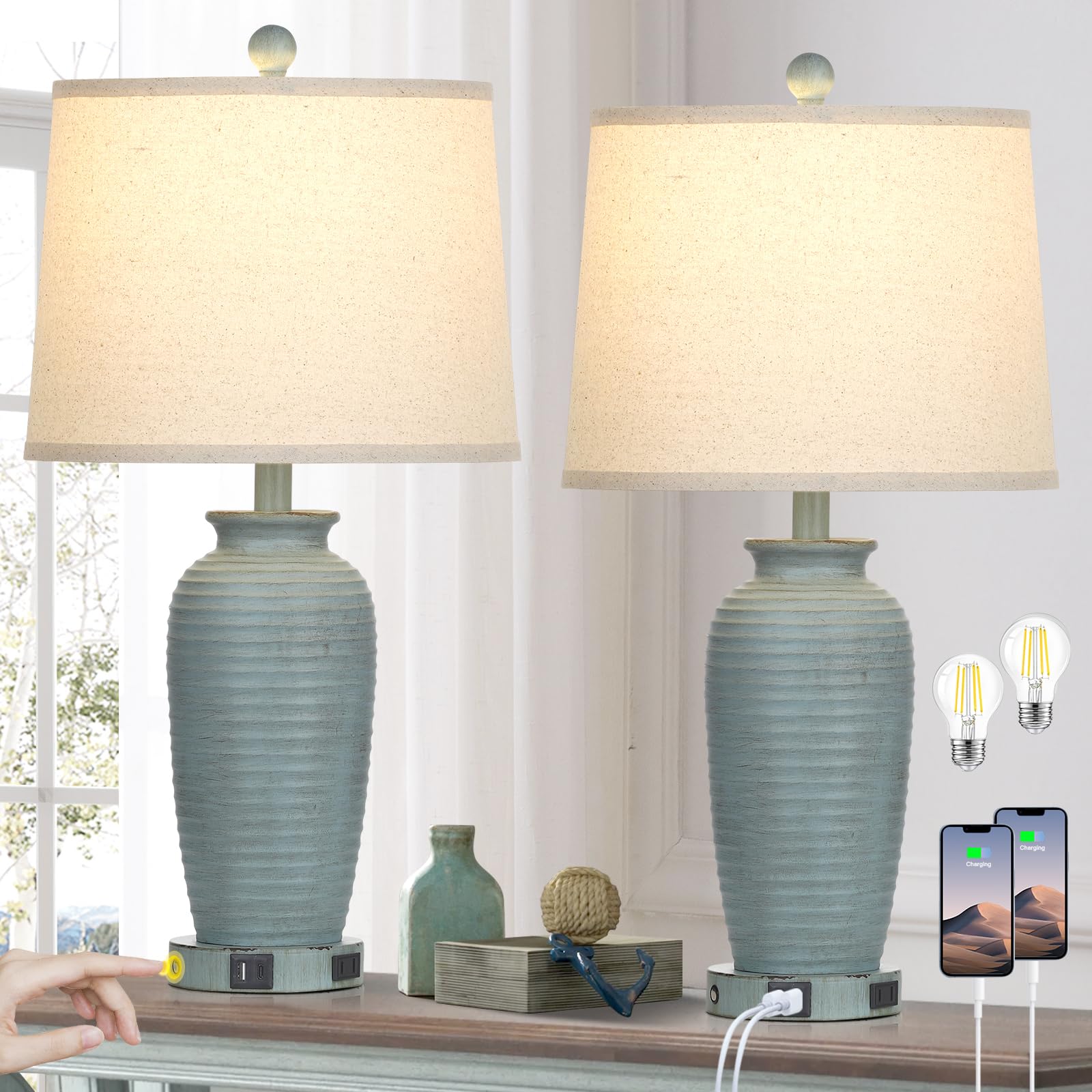 Cinsary 25&quot; Farmhouse Touch Control Table Lamps Set Of 2 With Usb & Ac Outlet, Blue
